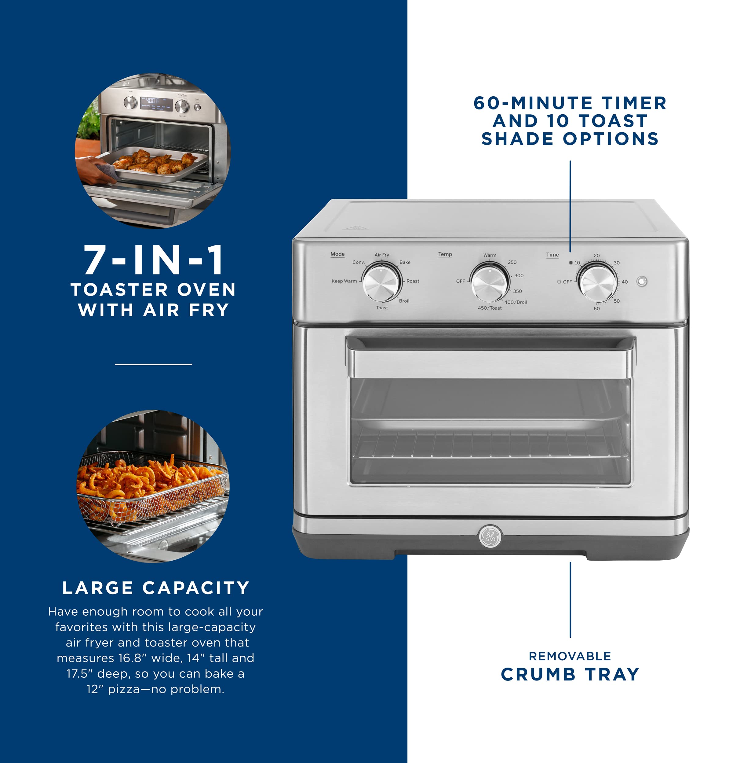 GE 7-in-1 Mechanical Air Fryer Toaster Oven with Accessories | Large Countertop Convection Oven for 12