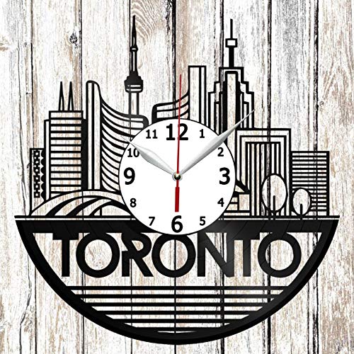 Toronto Vinyl Record Wall Clock - Unique Handmade Home Decor, Music Fan Gift, Black Retro Vinyl Art Clock for Living Room, Bedroom & Office