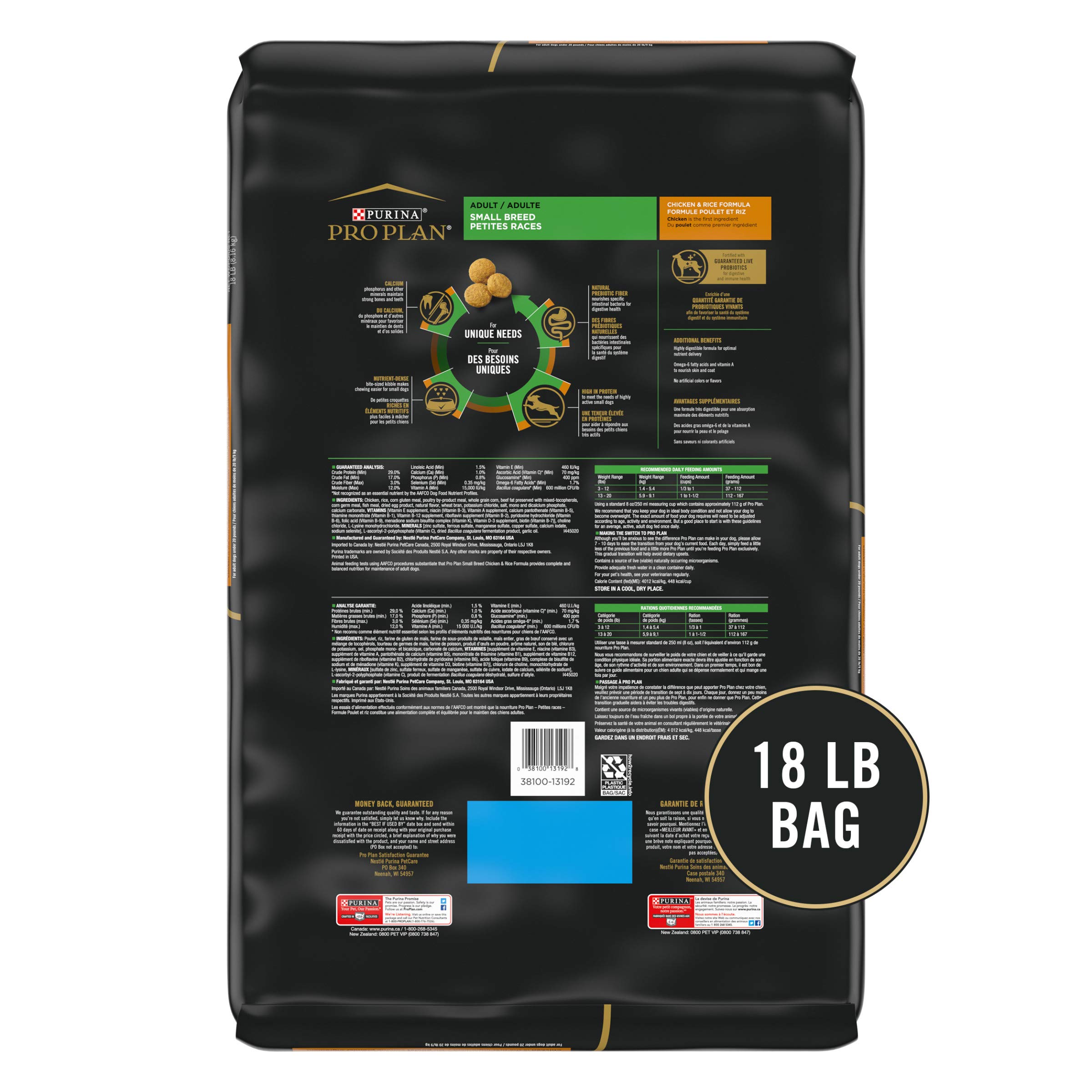 Purina Pro Plan Small Breed Dry Dog Food - Chicken & Rice Formula with Live Probiotics for Digestive Health - 18 lb Bag - Perfect for Toy & Miniature Dogs at Home or Travel