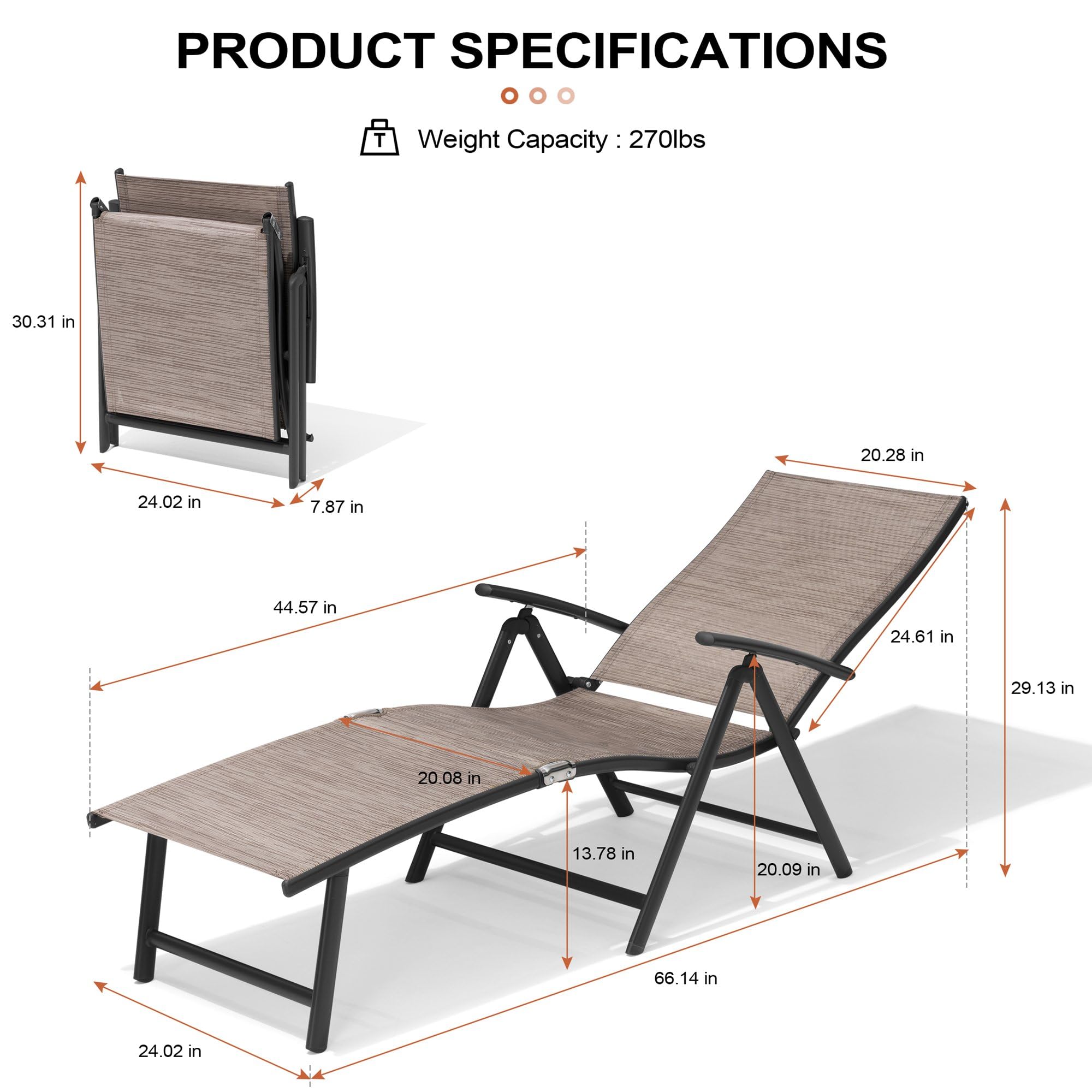 Crestlive Folding Patio Chaise Lounge Chair - Adjustable Aluminum Outdoor Pool Recliner with 8 Positions, No Assembly Required - Perfect for Backyard, Beach, and Poolside Relaxation