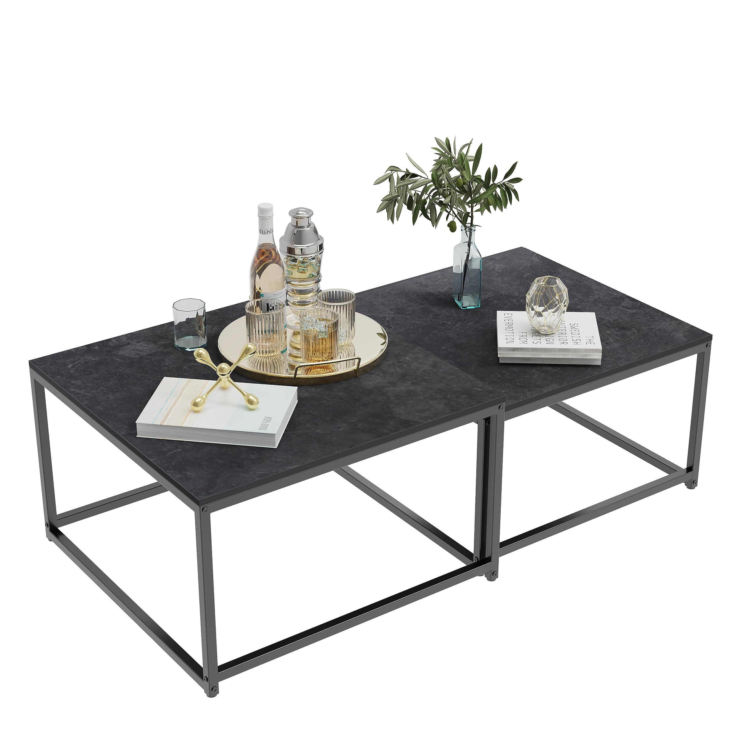 Wisfor 2-Piece Nesting Coffee Table Set with Sintered Stone Top & Metal Frame - Modern Black End Tables for Living Room, Small Space Furniture for Apartments & Dorms