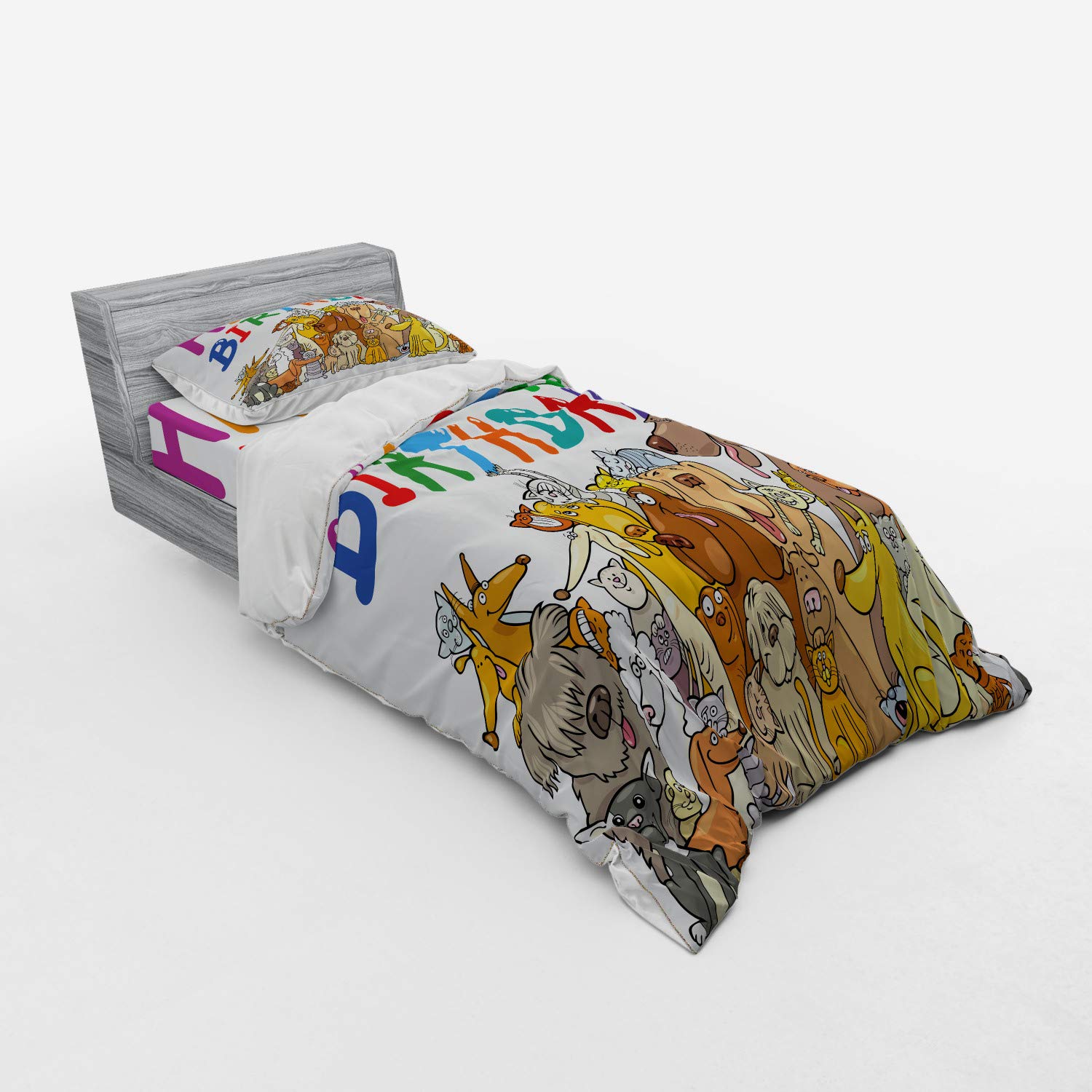 Ambesonne Cartoon Streets Dogs Cats Animals Birthday Party Bedding Set - 3 Piece Duvet Cover with Sham & Fitted Sheet, Twin Size, Multicolor Fun Print - Perfect for Kids' Rooms, Themed Parties & Gift Giving
