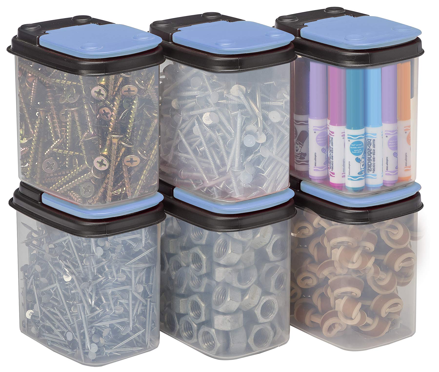Buddeez 1 Quart Clear Stackable Hardware Storage Bins with Blue Lids - 8 Pack | Multi-Purpose Organizer for Nuts, Bolts, Screws & Small Parts | Perfect for Garage, Workshop & DIY Projects