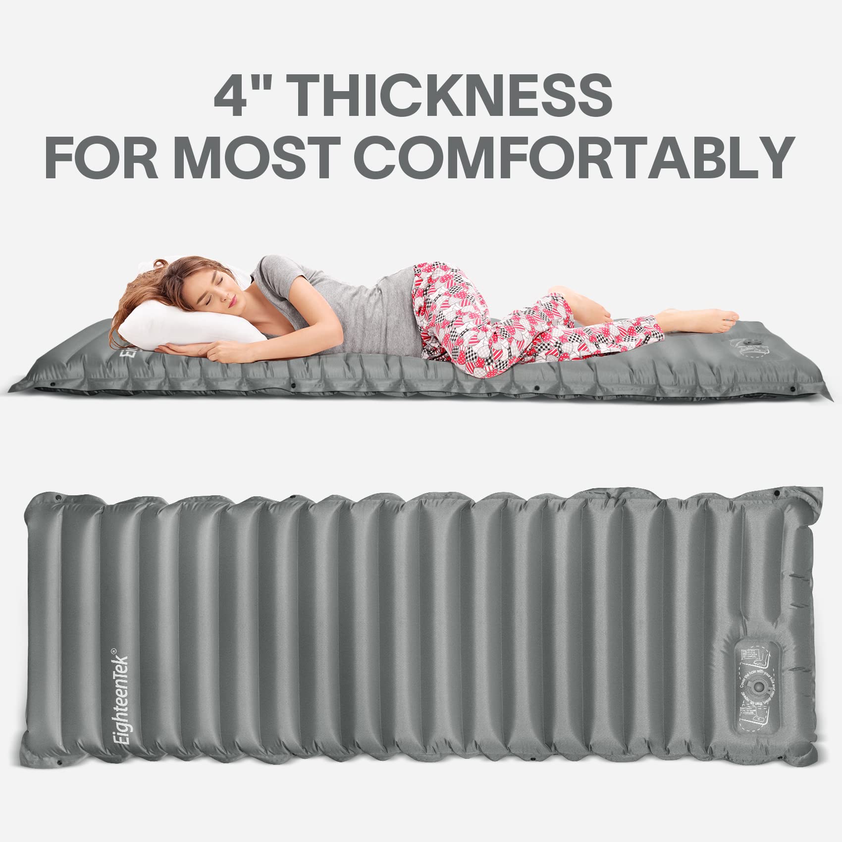 EighteenTek 4 Inch Thick Self-Inflating Camping Sleeping Pad with Built-in Foot Pump - Ultralight & Portable for Backpacking, Hiking, Travel - Perfect for Tents, RVs, and Outdoor Adventures