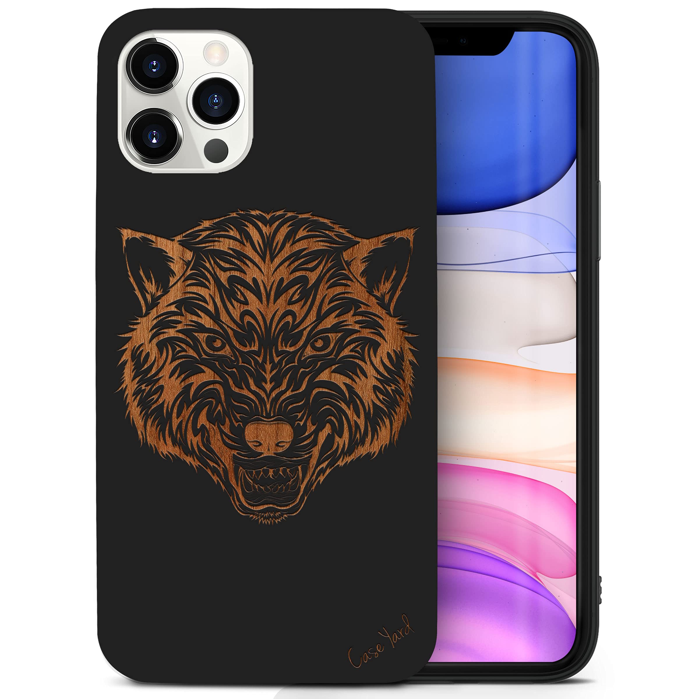 Wooden iPhone 11 Pro Case - Laser Engraved Wolf Design Black Wood Cover | Shockproof Slim Fit Protective Phone Case for Men & Women | Perfect for Outdoor Adventures & Daily Use