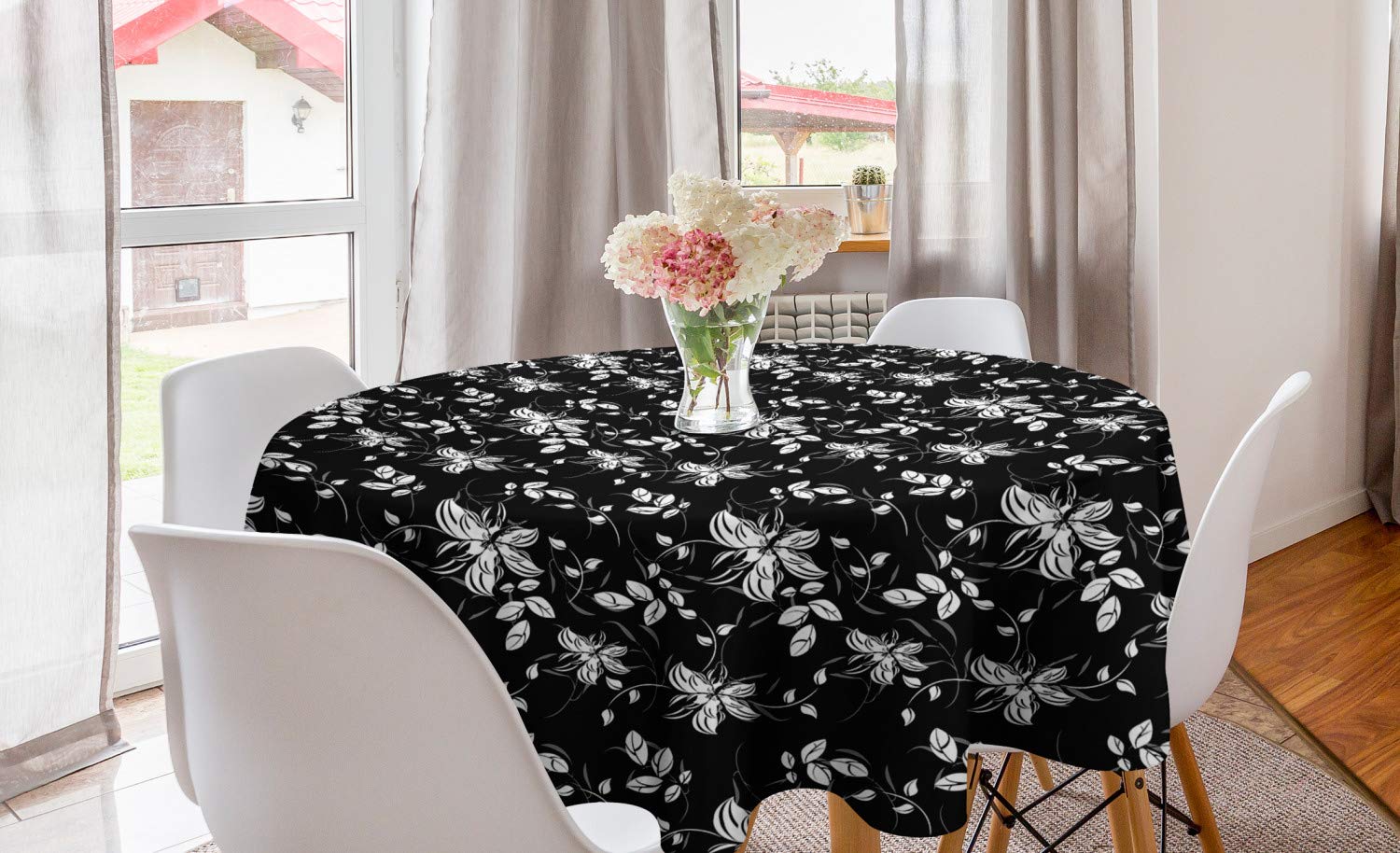 Ambesonne Autumn Round Tablecloth - 60 Inch Fall Leaves Design, Charcoal Grey & White Circle Table Cover for Dining Room & Kitchen Decor | Perfect for Thanksgiving, Halloween, and Seasonal Home Decoration