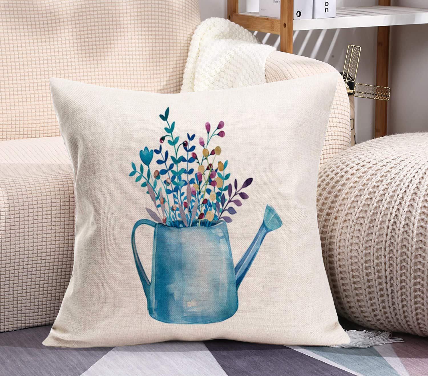 Xihomeli 18x18 Inch Cotton Linen Throw Pillow Covers - Blue Watering Can Floral Design Hand-Painted Farmhouse Decor for Living Room, Bedroom, Sofa (Blue Pot, 18x18)