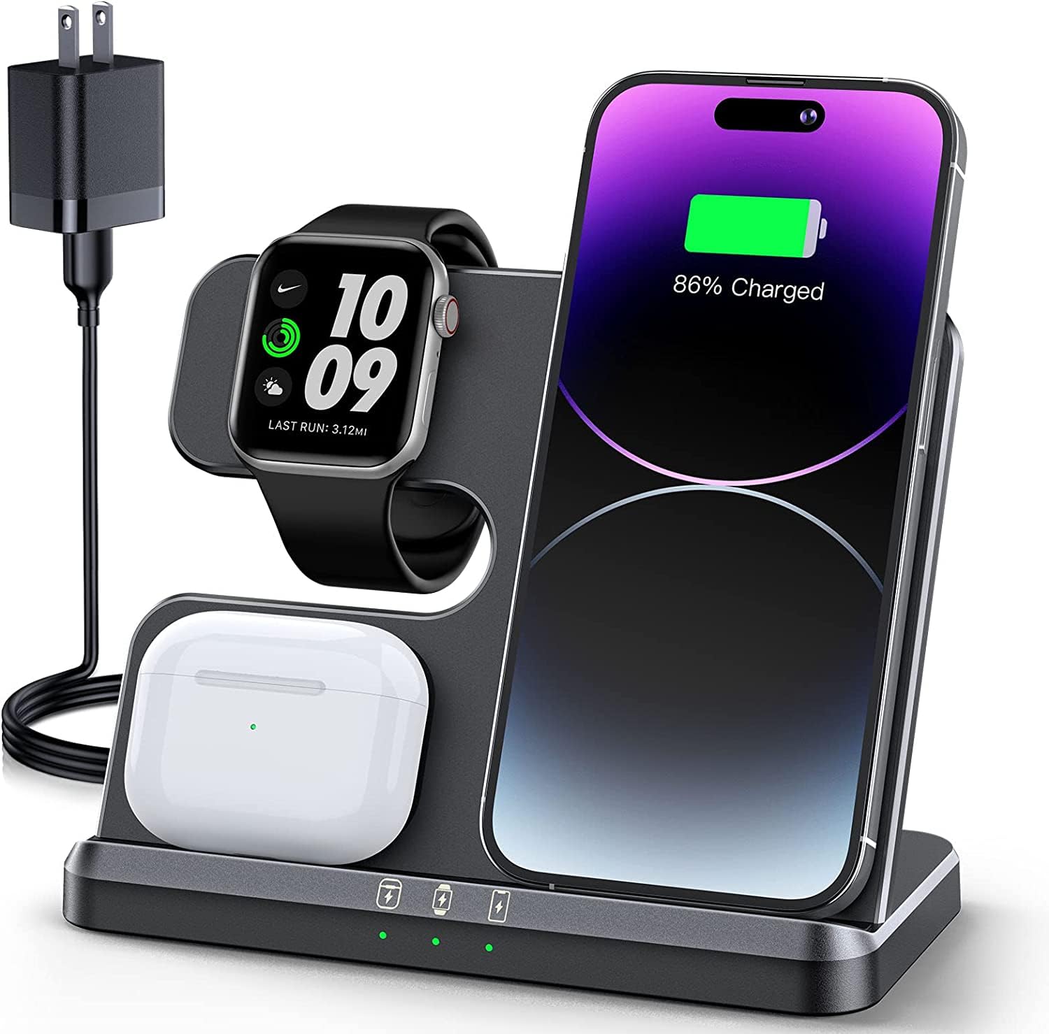 3-in-1 Wireless Charging Station for iPhone 16/15/14/13/12/11/X/8, Apple Watch & AirPods Pro/4/3 - Fast Qi-Certified Charger for Multiple Apple Devices - Perfect for Bedside, Office Desk and Travel Use