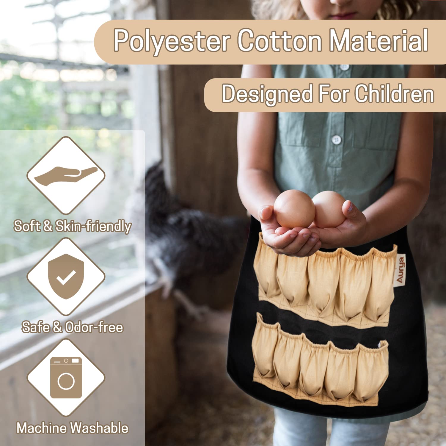 Aurya Kids Egg Collecting Apron - Chicken Hen Duck Goose Gathering Holder for Toddlers & Children | Farm Animal Themed Play Apron for Easter Egg Hunts, Farm Visits & Pretend Play