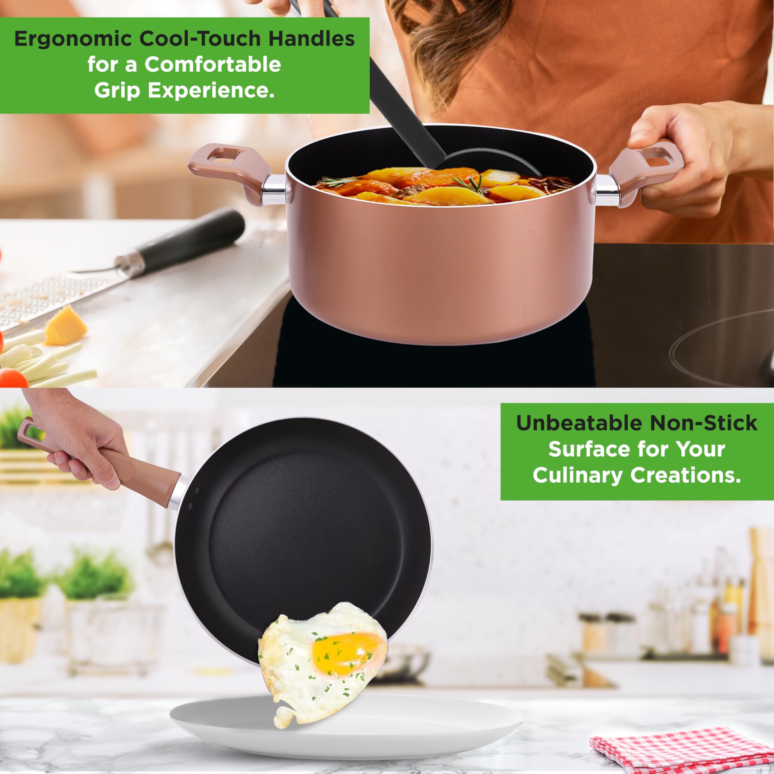 NutriChef 13-Piece Nonstick Cookware Set - PTFE/PFOA/PFOS-Free, Heat Resistant Pots & Pans with Saucepan, Frying Pans, Casserole, Lids & Kitchen Utensils - Brown (NCCWA13BR) - Perfect for Home Cooking, Meal Prep & Family Dinners