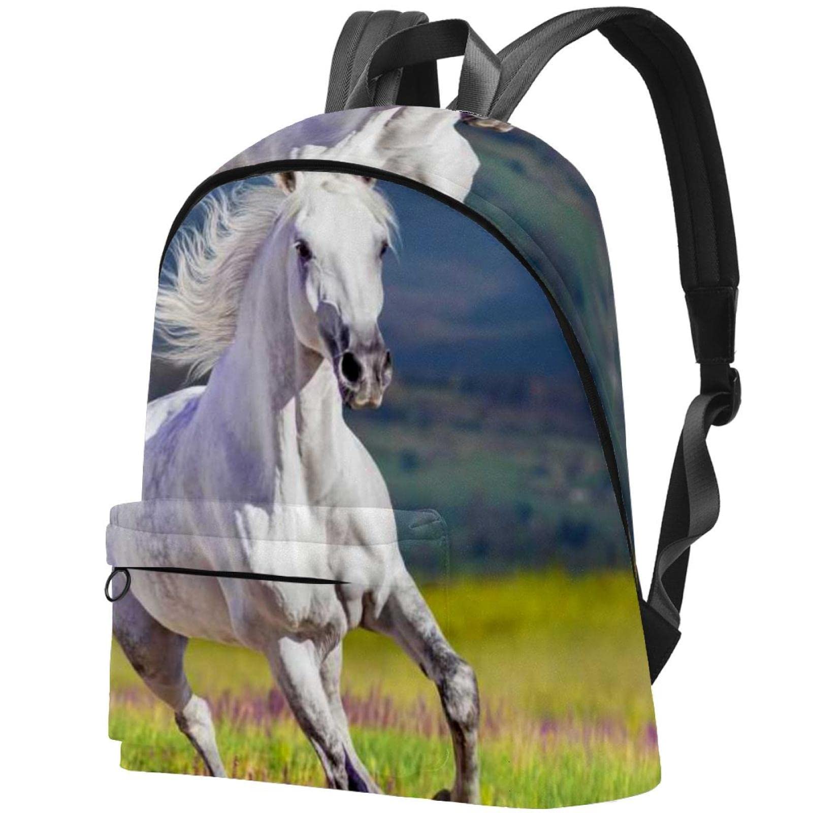 Stylish Canvas Backpack for College & Travel - Unisex Waterproof Hiking Backpack with Mountain Flower Meadow Horse Print - Perfect for School, Commuting & Outdoor Adventures