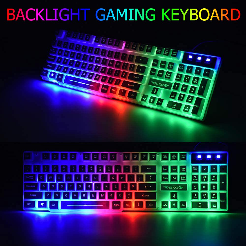 RGB Backlit Wired Gaming Keyboard Mouse and Headset Combo with Mouse Pad - Mechanical Keyboard, Noise-Canceling Headphones, Ergonomic Mouse for PC, Laptop, Mac, PS4, Xbox (White) - Perfect for Gaming, Streaming & Office Work