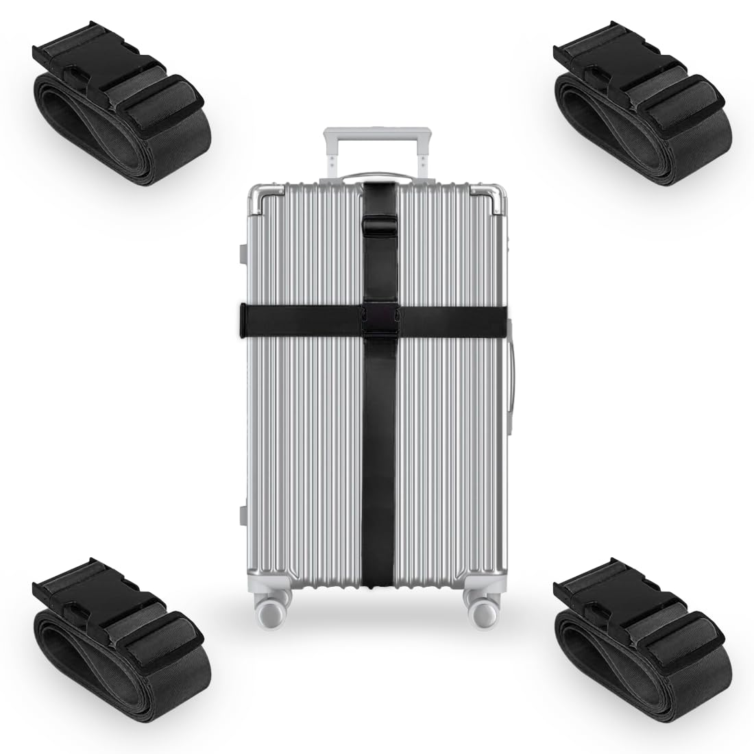 L'AIKEAU 4-Pack Adjustable Luggage Straps for Suitcases, Backpacks & Travel Bags - Secure Travel Accessories with Heavy-Duty Buckles (Black) - Perfect for Airports, Train Travel & Road Trips