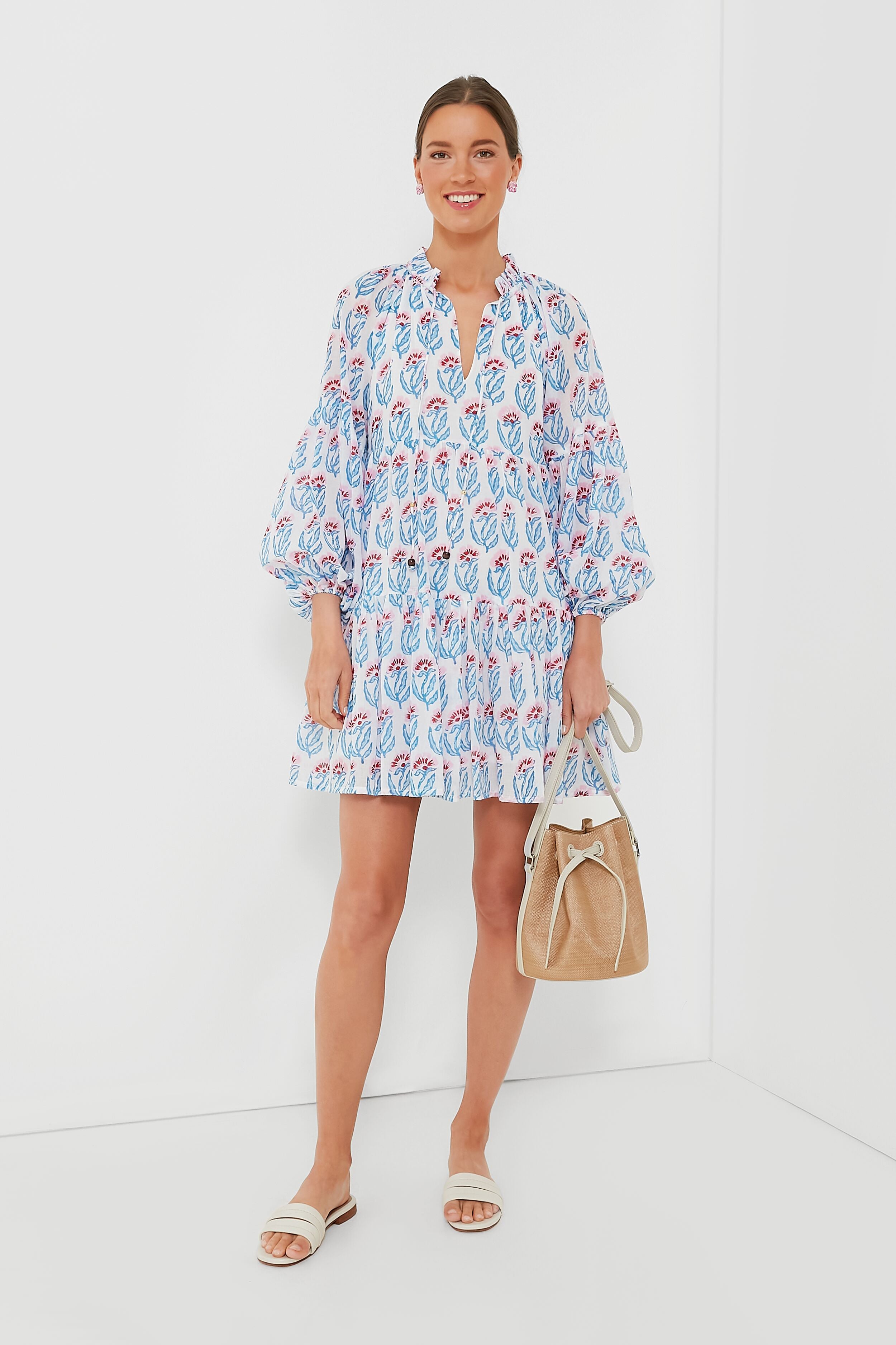 Blue Hampton Balloon Sleeve Short Dress - Flowy Summer Party Dress for Women, Beach Wedding Guest Outfit, Casual Daytime Sundress