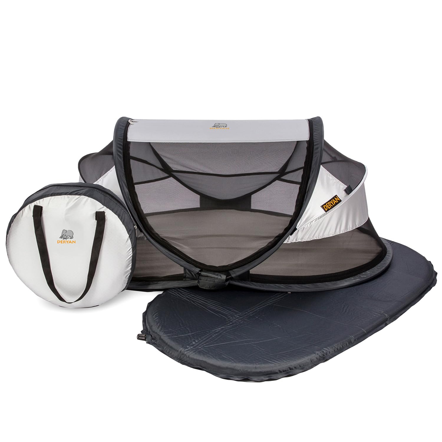 Deryan Baby Travel Cot - Portable Pop-Up Playpen with Self-Inflatable Air Mattress, Zippered Cotton Cover & Carry Bag | Instant Setup in 2 Seconds | Silver | Perfect for Camping, Beach Trips & Indoor Nursery Use