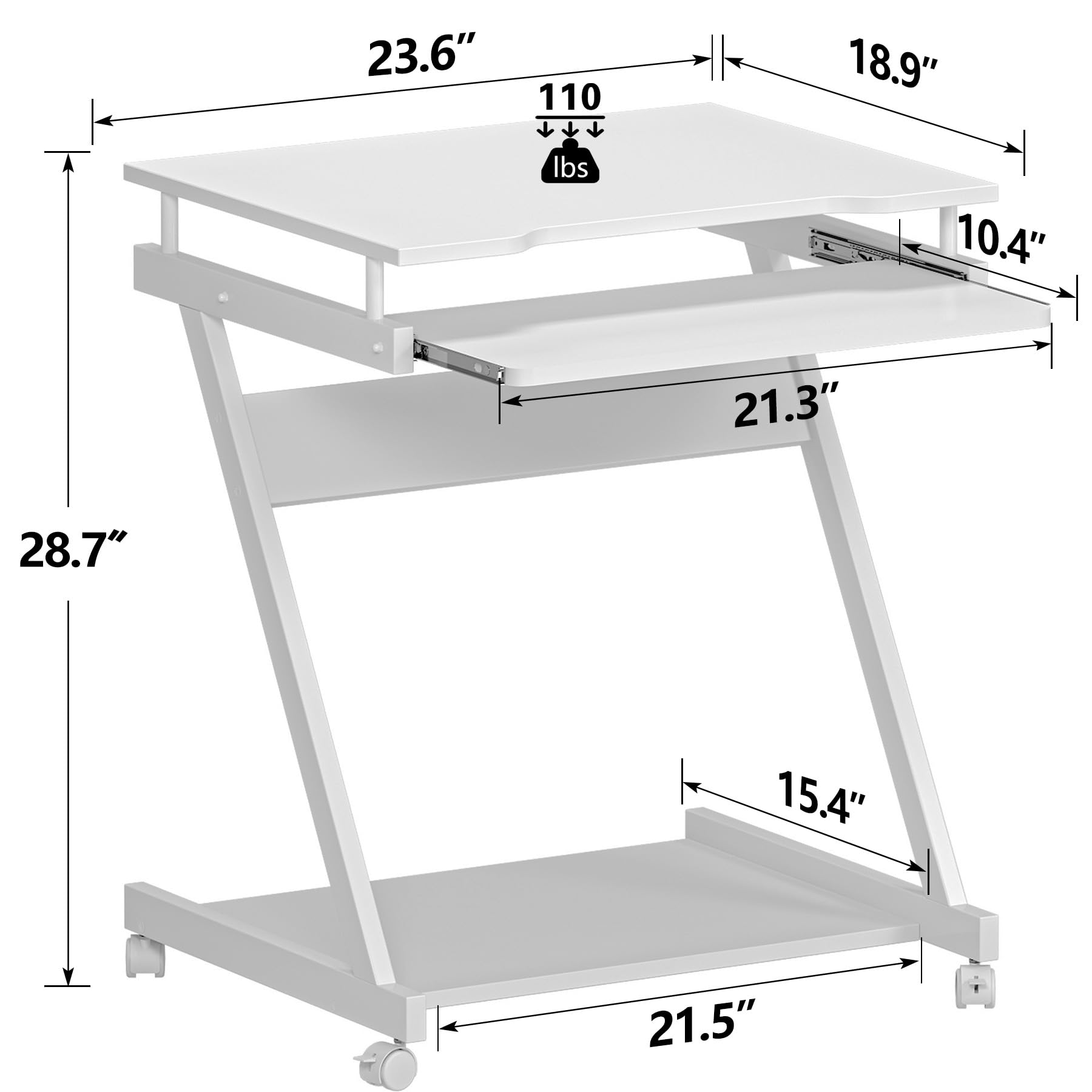 Soges Furniture Mobile Compact Computer Desk Cart - Portable Rolling Workstation with Printer Shelf & Keyboard Drawers for Small Spaces, Home & Office Use - White | Perfect for Dorm Rooms, Apartments, and Workspace Organization