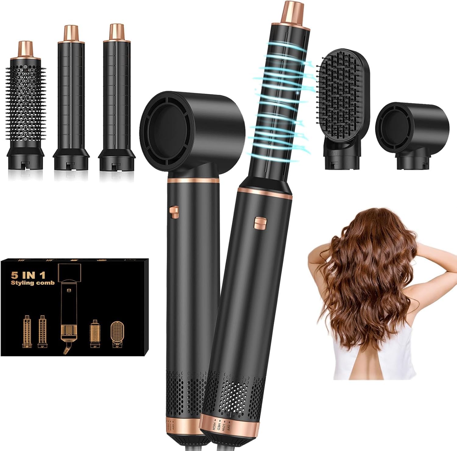 5 in 1 Blow Dryer Brush with Negative Ion Technology - Detachable Hair Dryer, Air Curler & Styler for Drying, Curling & Straightening - Perfect for Home Salon Styling & Professional Hair Care