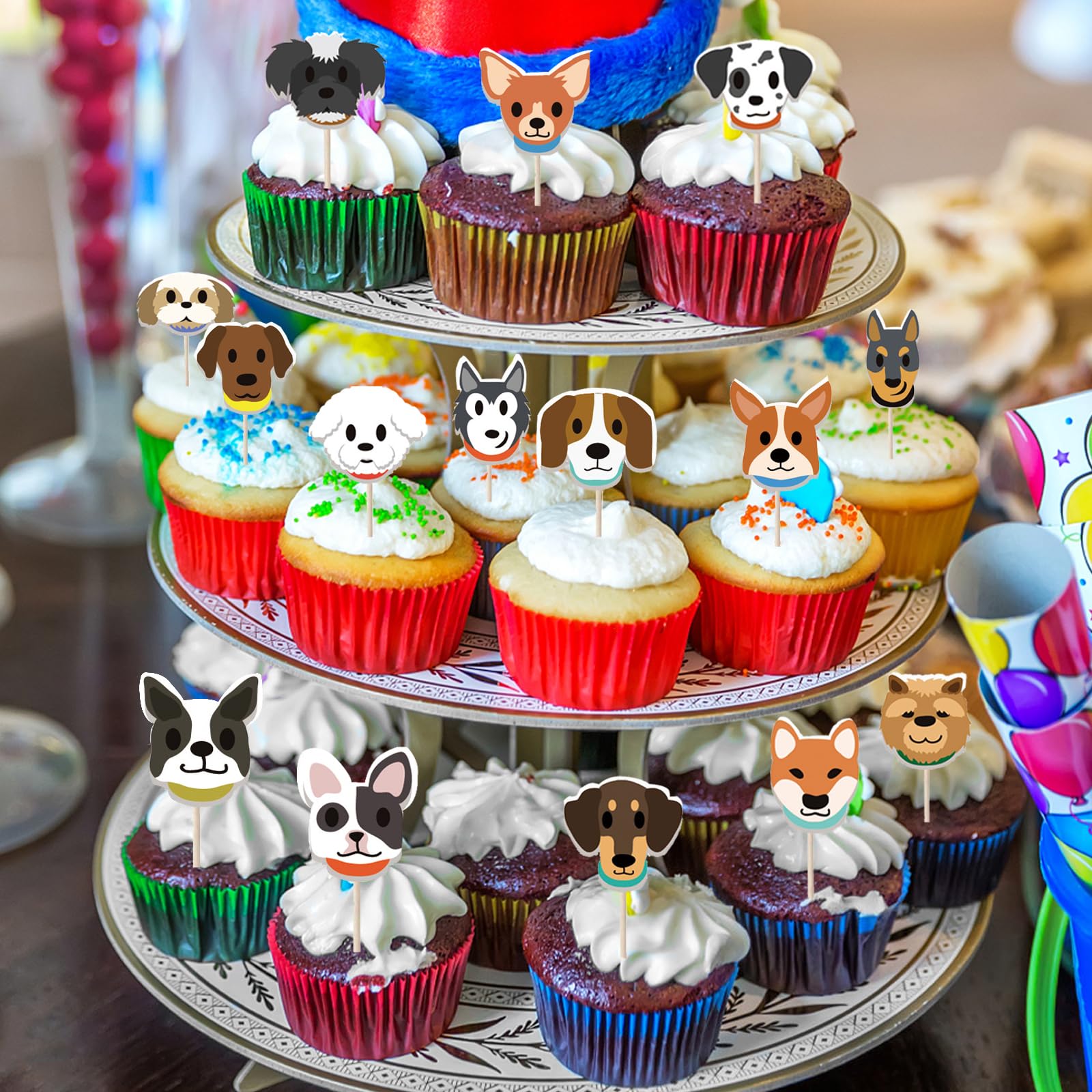 16pcs Dog Face Cupcake Toppers - Puppy Birthday Party Decorations for Dog Adoption, Pet Theme Cakes & Cupcakes | Perfect for Birthday Parties, Baby Showers & Pet Celebrations