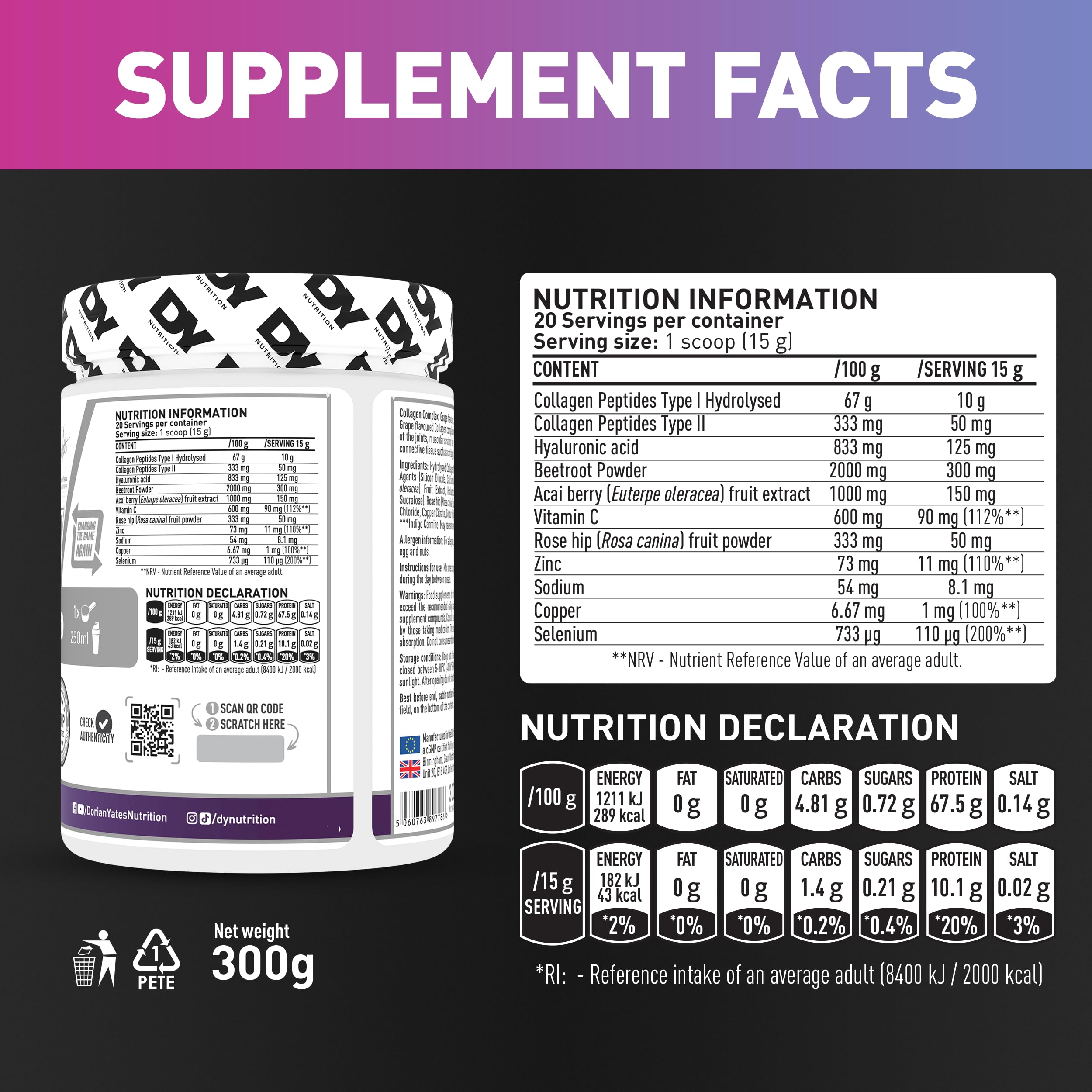 DY Nutrition Collagen Complex 300g - Hydrolyzed Collagen Peptides Powder for Skin, Hair & Nails - Supports Joint Health & Anti-Aging - Unflavored Protein Supplement for Smoothies, Coffee & Baking