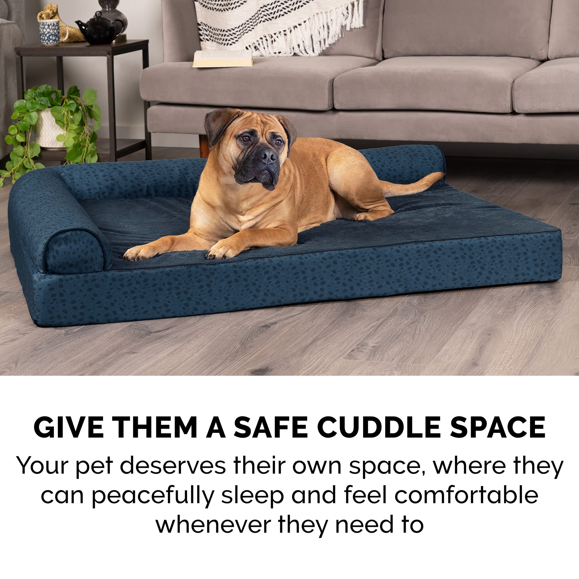 Furhaven Orthopedic Dog Bed for Small & Medium Dogs - Plush & Almond Print L-Shaped Chaise with Removable Bolsters & Washable Cover - Supports Up to 35 lbs - Blue Almonds (Medium) - Perfect for Crate Training, Arthritis Relief & Cozy Napping Spots