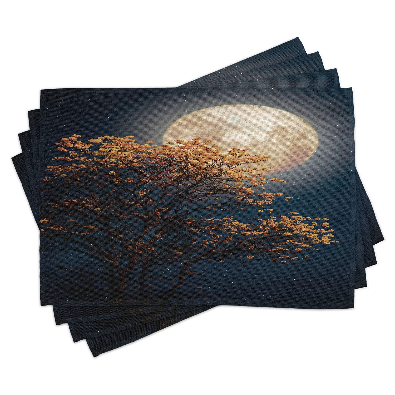 Ambesonne Moon Place Mats Set of 4 - Retro Tree with Blooming Yellow Flowers Design Inspired by Milky Way Galaxy - Washable Fabric Table Mats for Dining Room & Kitchen Decor in Dark Blue & Orange - Perfect for Dinner Parties, Holiday Gatherings & Everyday Use