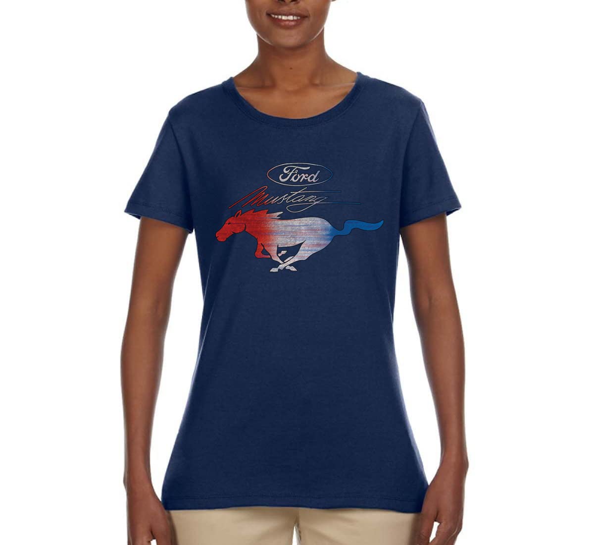 Ford Mustang Graphic T-Shirt for Women - USA Flag & Mustang Emblem Design - Casual Car Enthusiast Tee for Road Trips & Car Shows