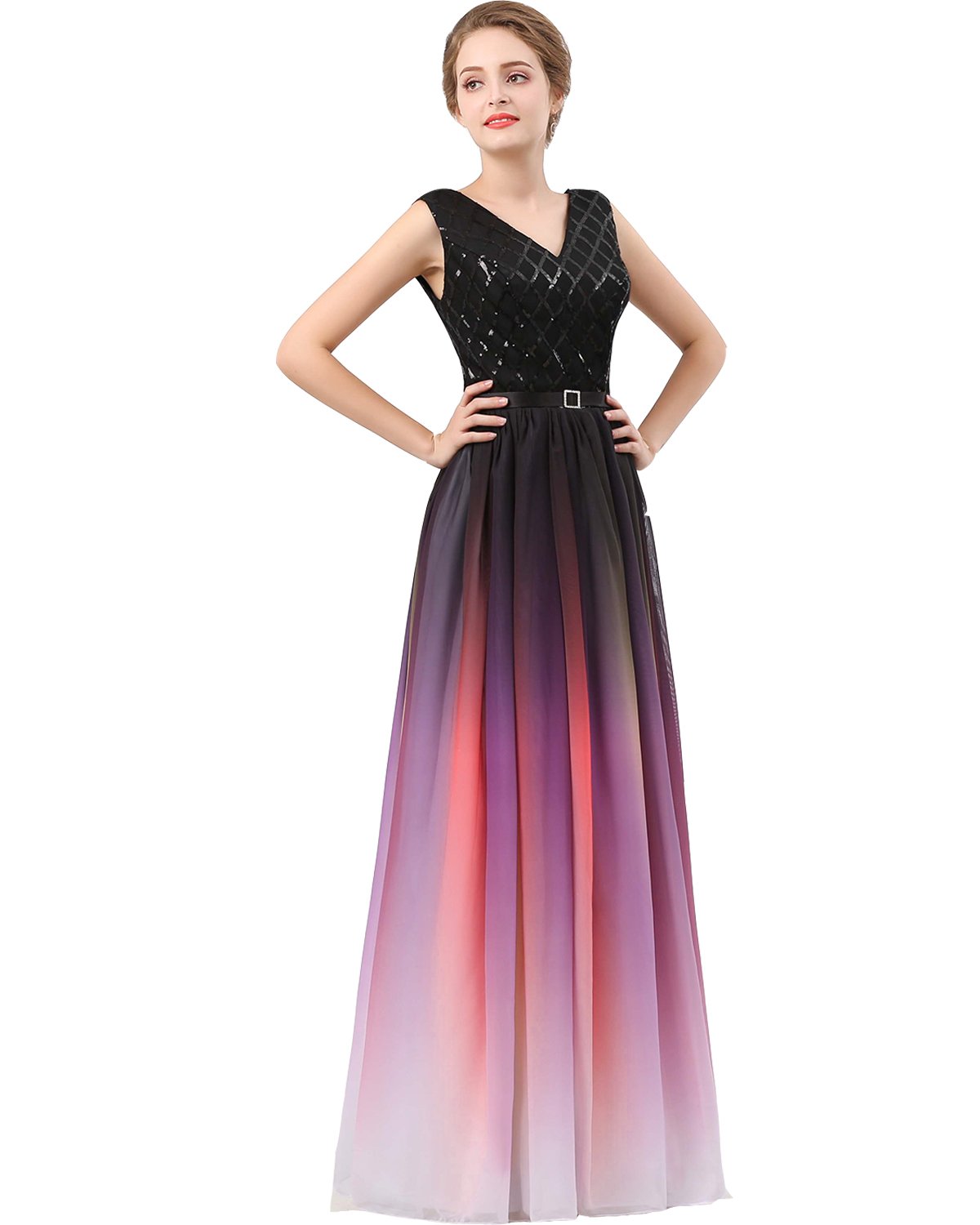 Lemai V-Neck Long Sequined Chiffon A-Line Corset Prom Evening Dress for Women - Elegant Formal Gown for Homecoming, Wedding Guest & Special Occasions
