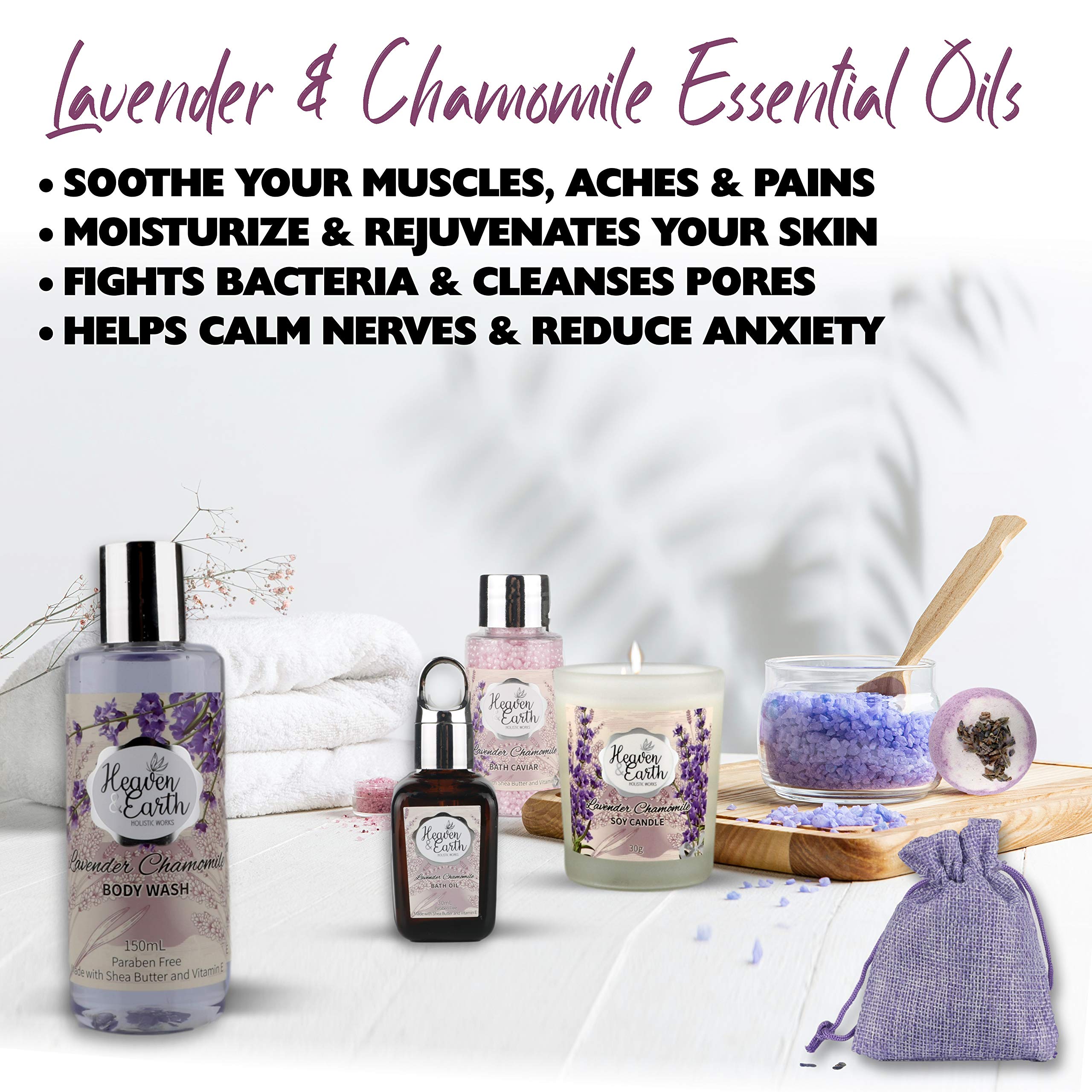 Valentine's Day Spa Gift Baskets for Women - Natural Lavender Chamomile Bath Set with Essential Oils | Sulfate-Free Relaxation Kit | Perfect for Self-Care, Anniversary & Birthday Gifts