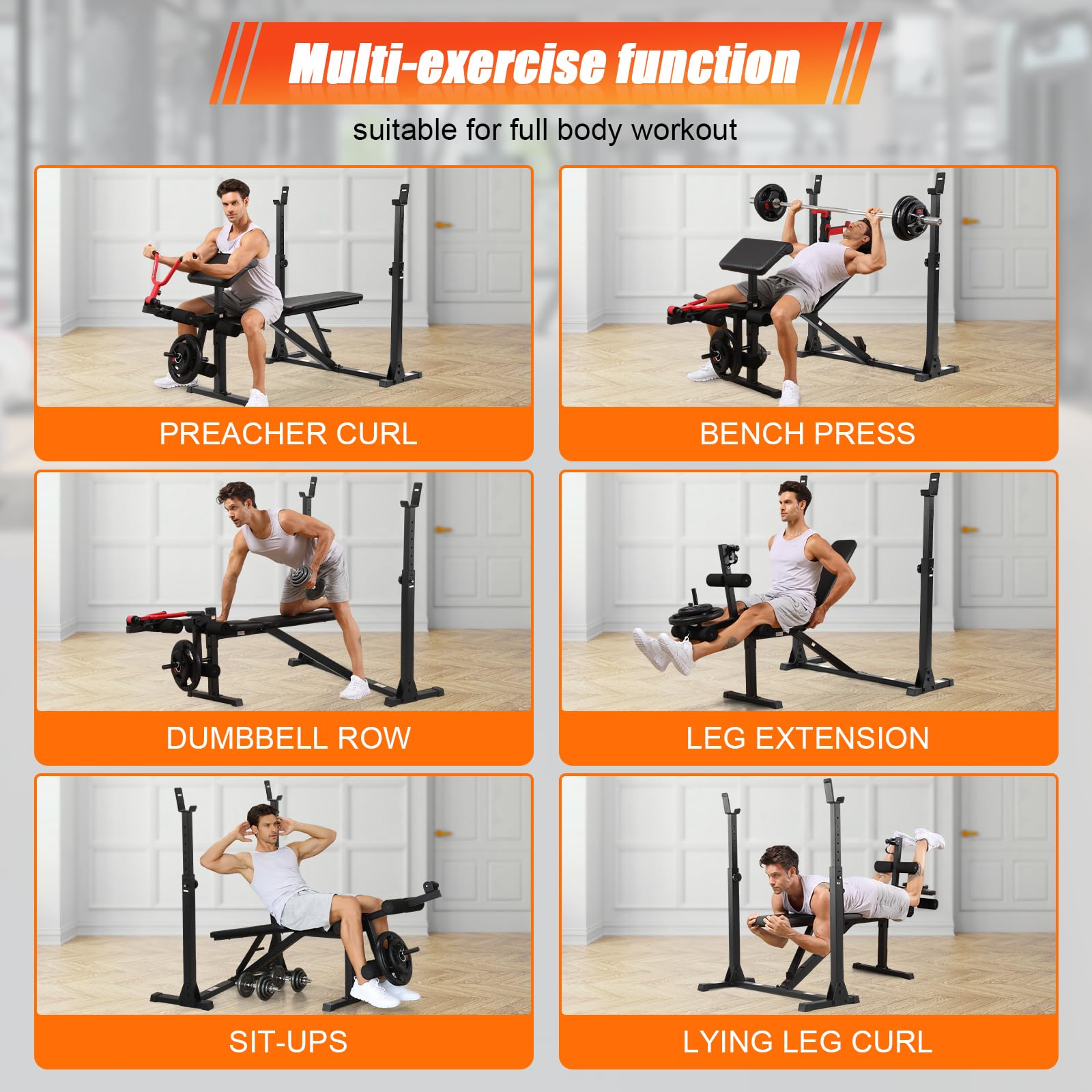 Aceshin 900 LBS Adjustable Olympic Weight Bench with Squat Rack - Home Gym Equipment for Strength Training | Includes Leg Extension & Preacher Curl Pad | Perfect for Bench Press, Squats & Full-Body Workouts