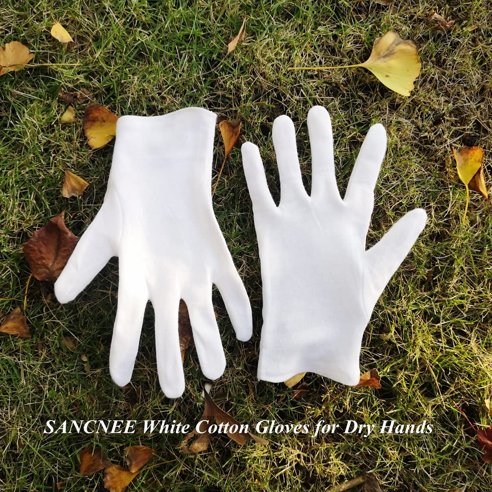 SANCNEE 12 Pairs White Cotton Gloves for Men - Large Size Moisturizing Overnight Gloves for Eczema & Dry Skin Care - Perfect for Nighttime Hand Treatment & Spa Relaxation