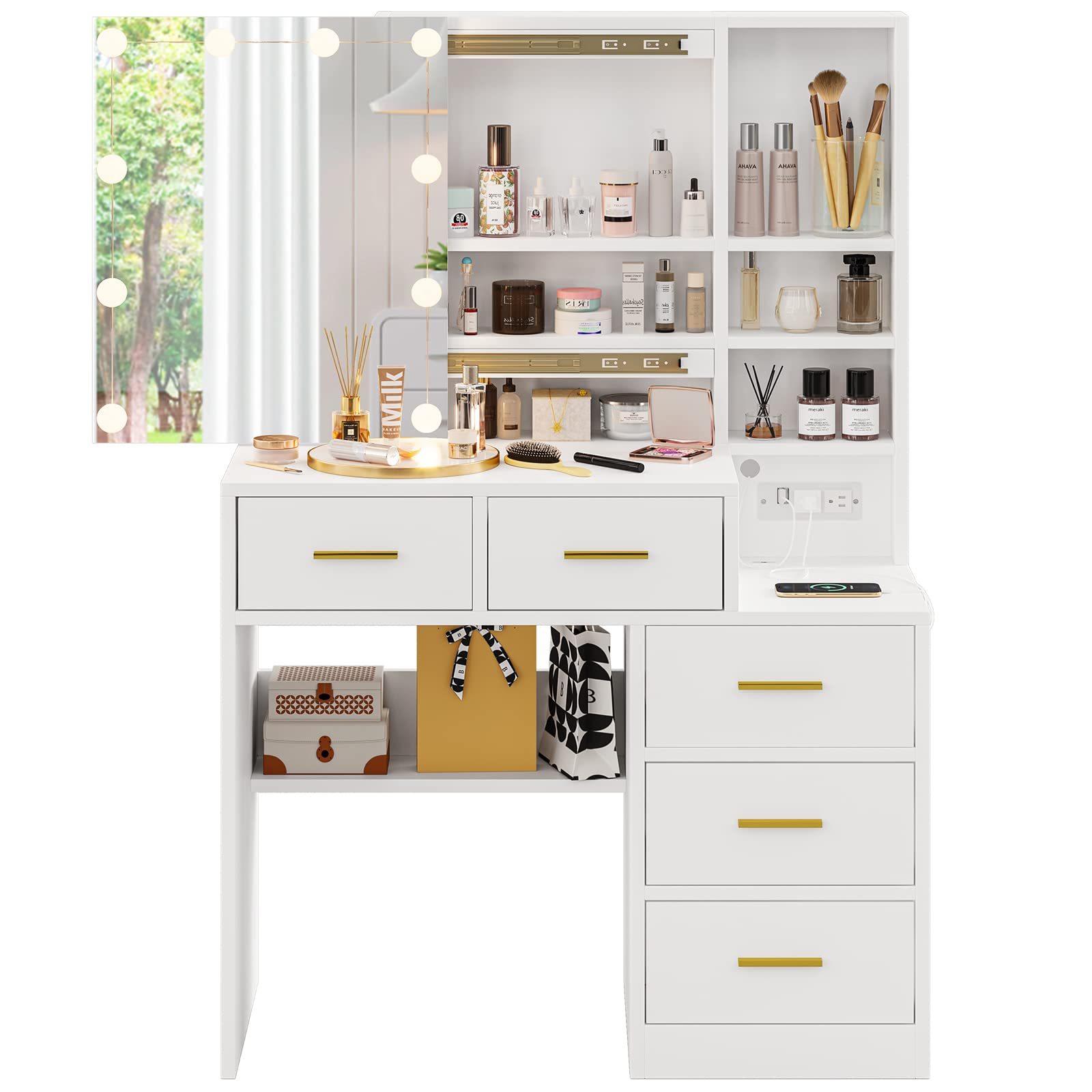 Modern White Vanity Desk with Sliding Mirror, LED Lights & USB Charging Station - 5 Drawers Makeup Table with Hidden & Open Storage Shelves - Perfect for Bedroom, Dressing Room & Home Beauty Salon