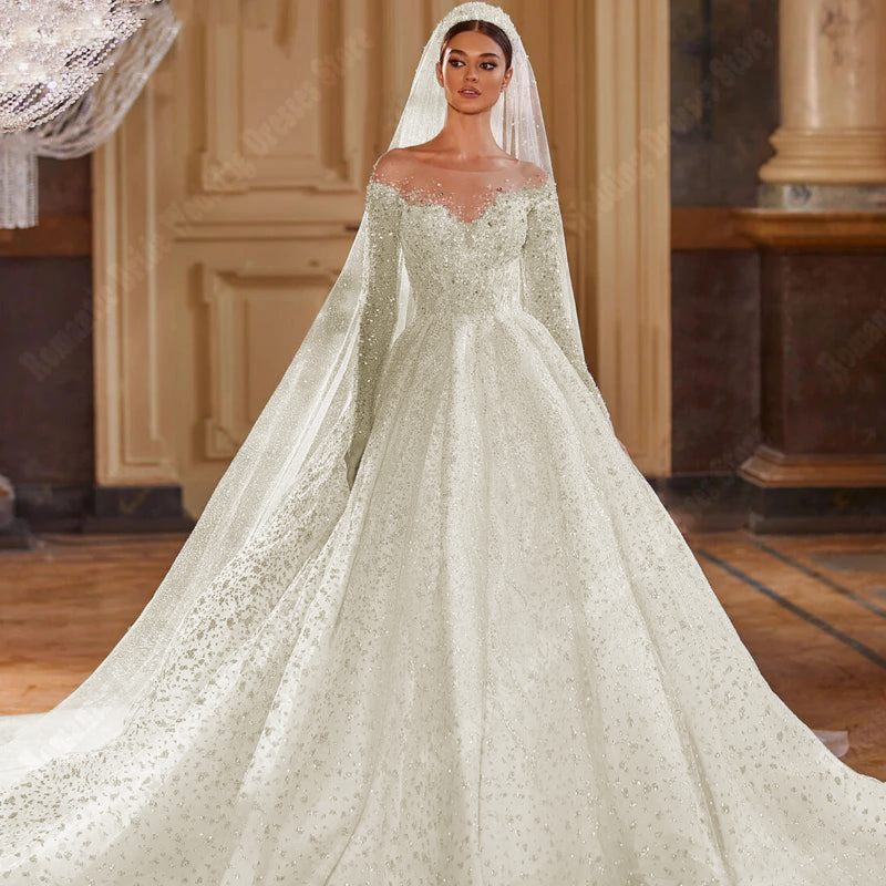 Elegant V-Neck Wedding Dress with Sparkling Sequins - A-Line Floor-Length Long Sleeve Bridal Gown for Church Ceremony & Romantic Reception