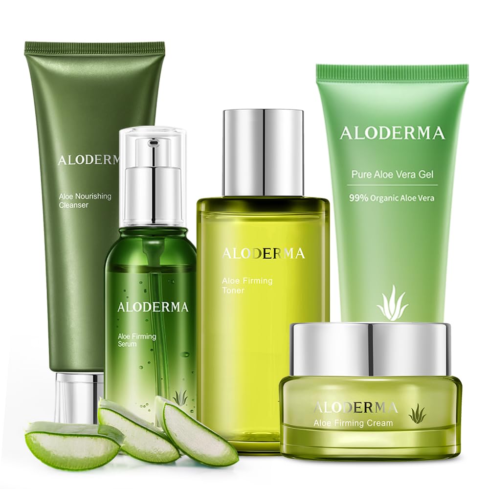 Aloderma Signature Aloe Firming & Rejuvenating Skincare Set - 6 Piece Kit with Aloe Gel, Cleanser, Toner, Serum & Cream for Hydration & Anti-Aging | Perfect for Dry Skin & Nighttime Routine