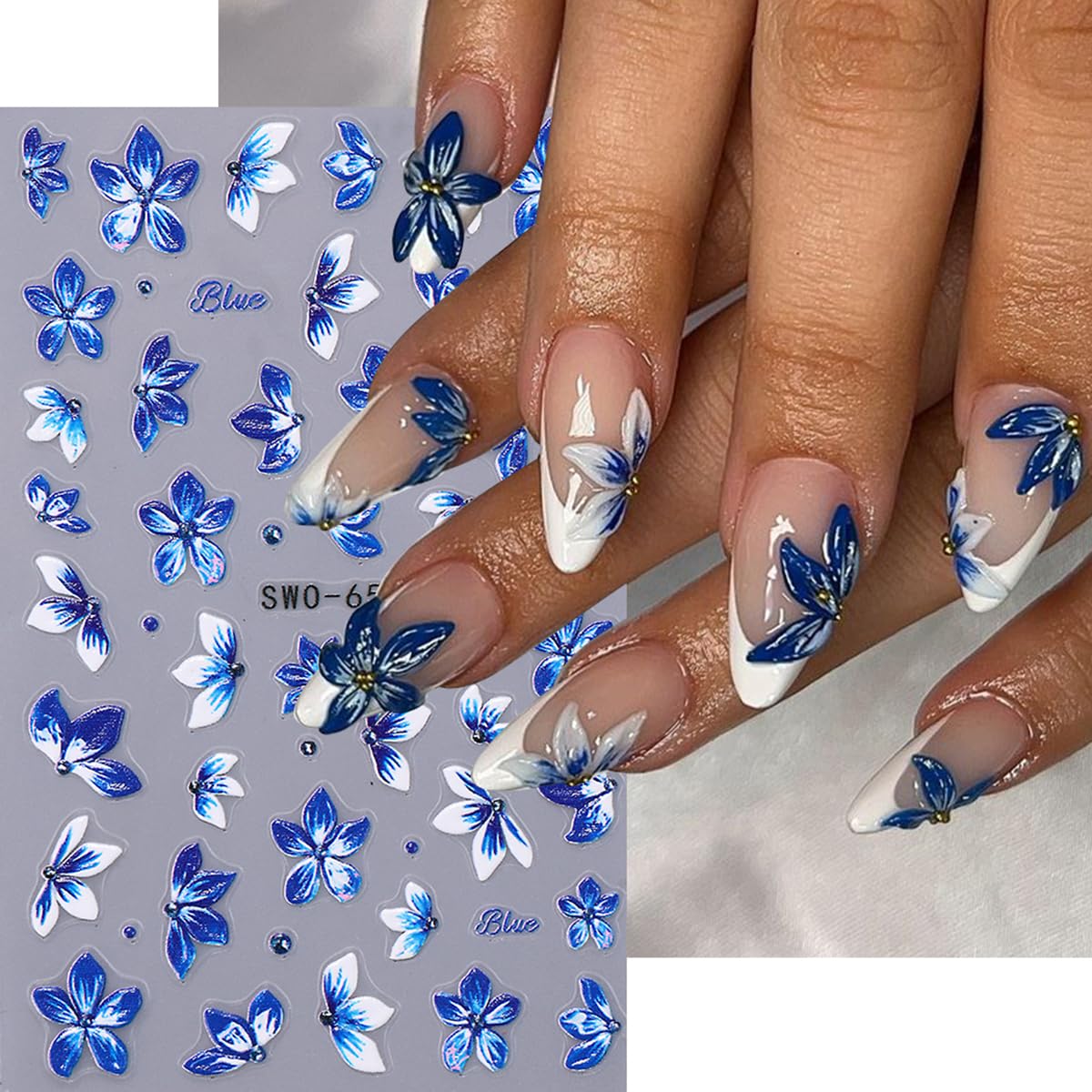 5D Blue Lily Flower Nail Art Stickers - 4PCS Embossed Floral Vine Self-Adhesive Nail Decals for DIY Nail Decor | Perfect for Spring Summer Manicures, Bridal Nail Art & Salon Professional Use