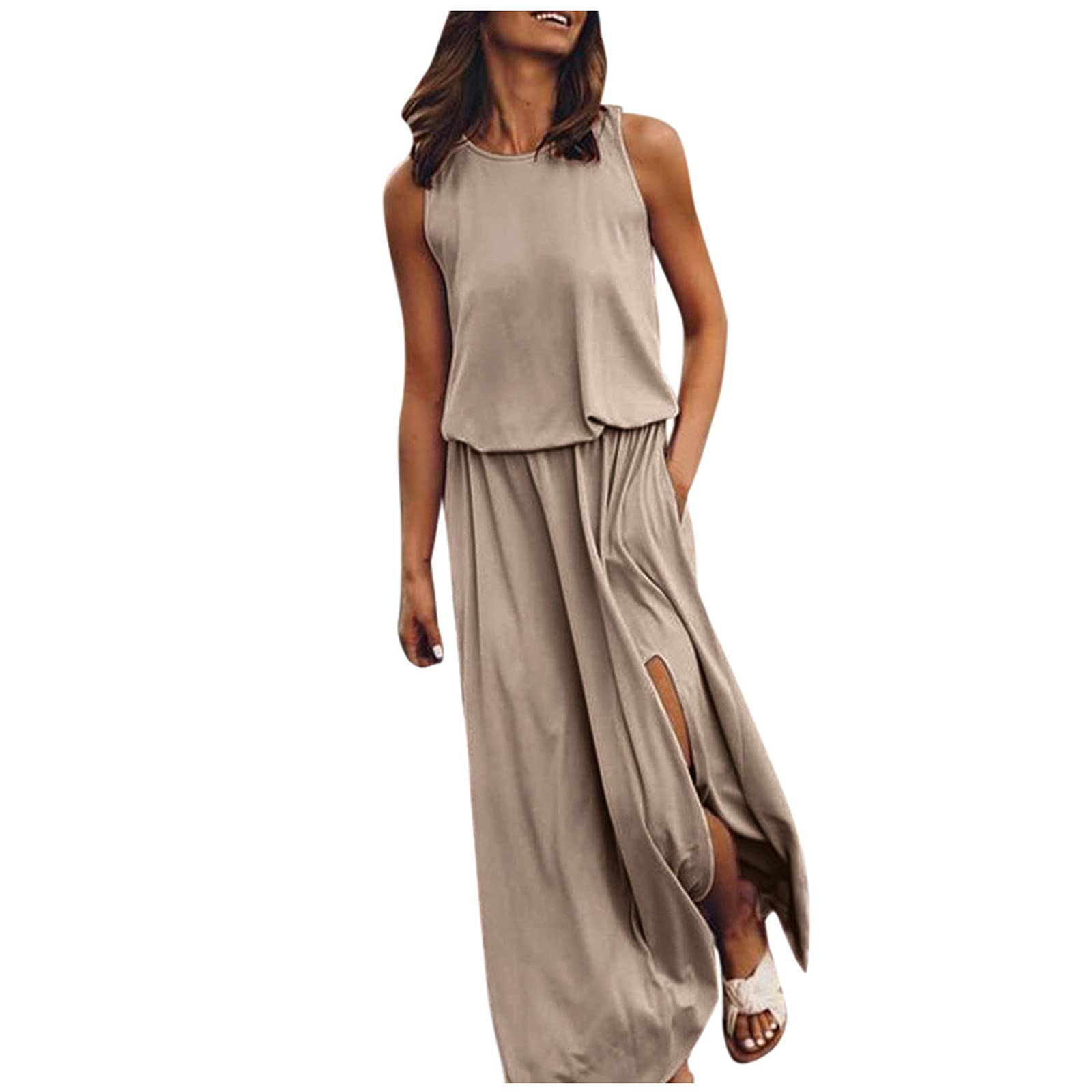 Women's Round Neck Sleeveless Pleated Maxi Dress - Sexy Split Design, Casual Solid Color Summer Dress for Beach, Party & Date Night