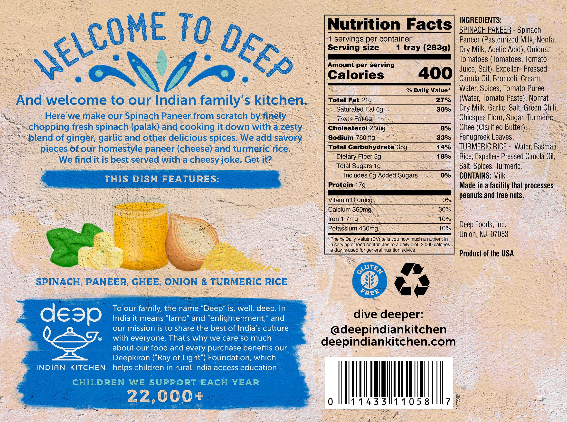 Deep Indian Kitchen Palak Paneer - Authentic Frozen Indian Spinach & Cheese Curry - 10oz Pack - Perfect for Quick Dinners, Meal Prep & Vegetarian Meals