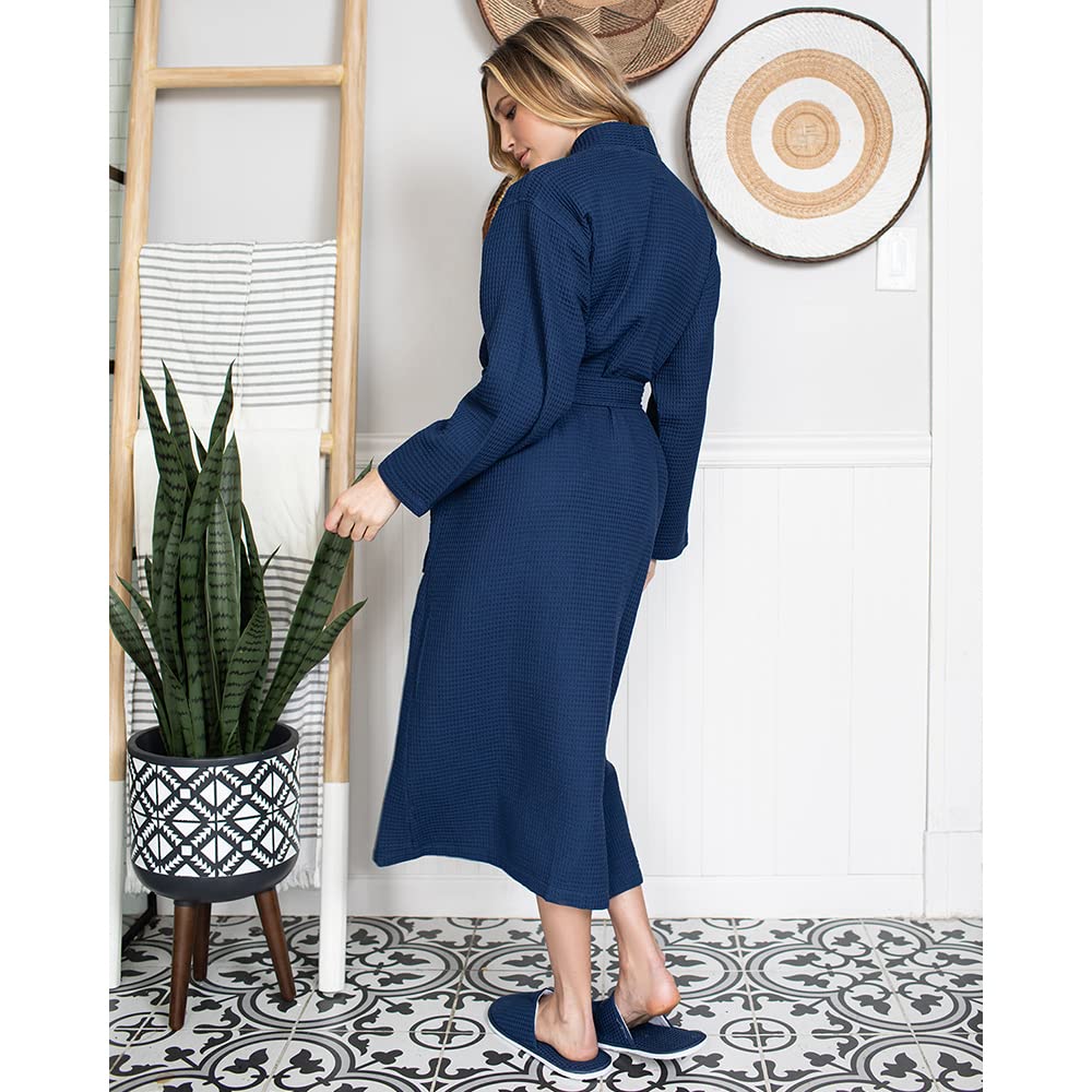Lotus Linen Women's Lightweight Waffle Weave Robe - Soft Long Cotton Kimono Bathrobe for Spa, Lounge & Home Relaxation - Breathable Comfortable Bath Robe for Women