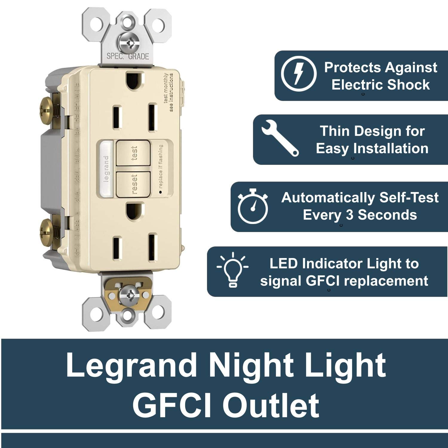 Legrand 15 Amp GFCI Outlet with Night Light - Self-Testing, Tamper-Resistant, Cool Touch LED, Light Almond (1-Pack) - Perfect for Bathrooms, Kitchens & Outdoor Use