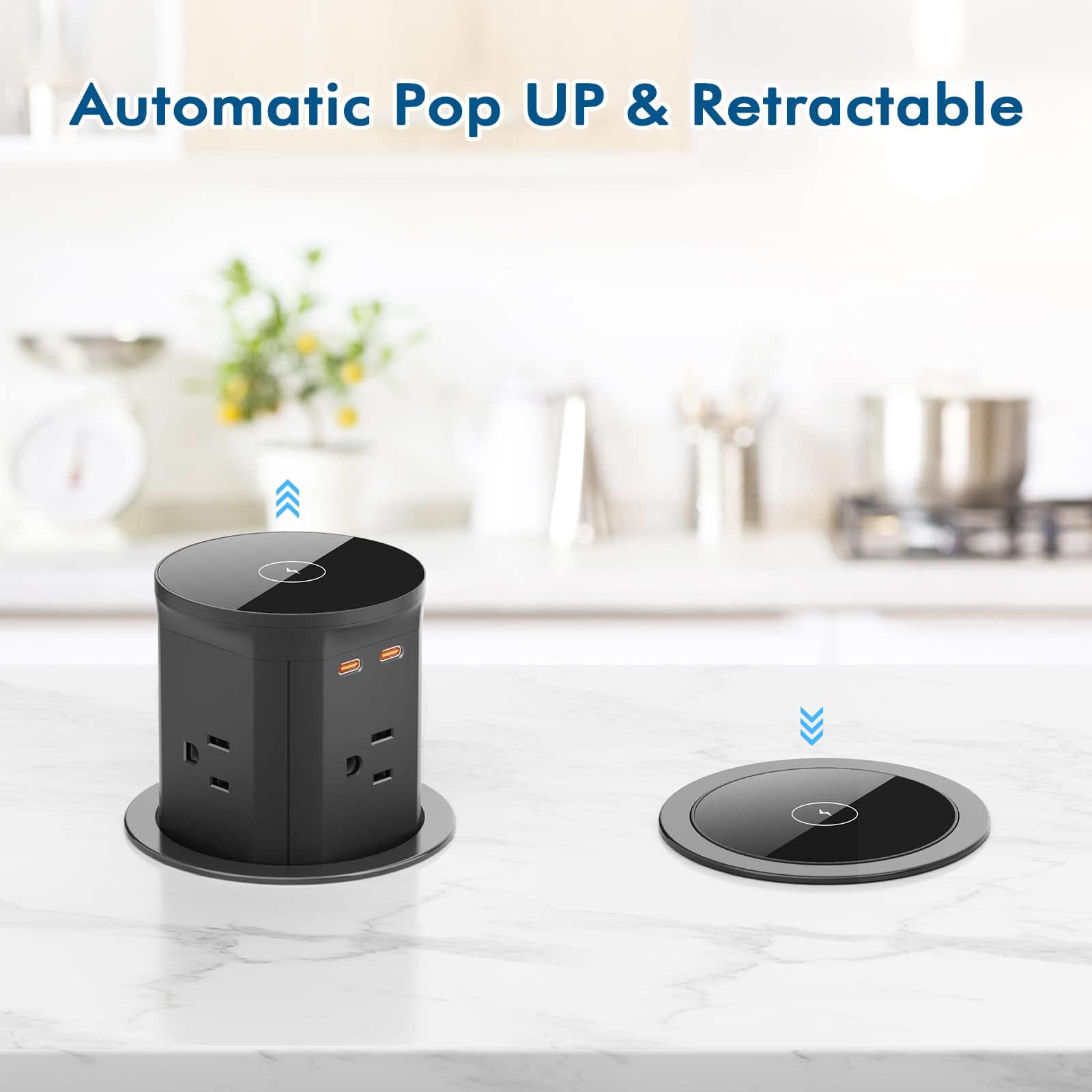 BTU Pop Up Outlet with 15W Wireless Charger & 20W USB-C Fast Charging | 4 AC Outlets | Kitchen Countertop & Desk Charging Station (3 3/8