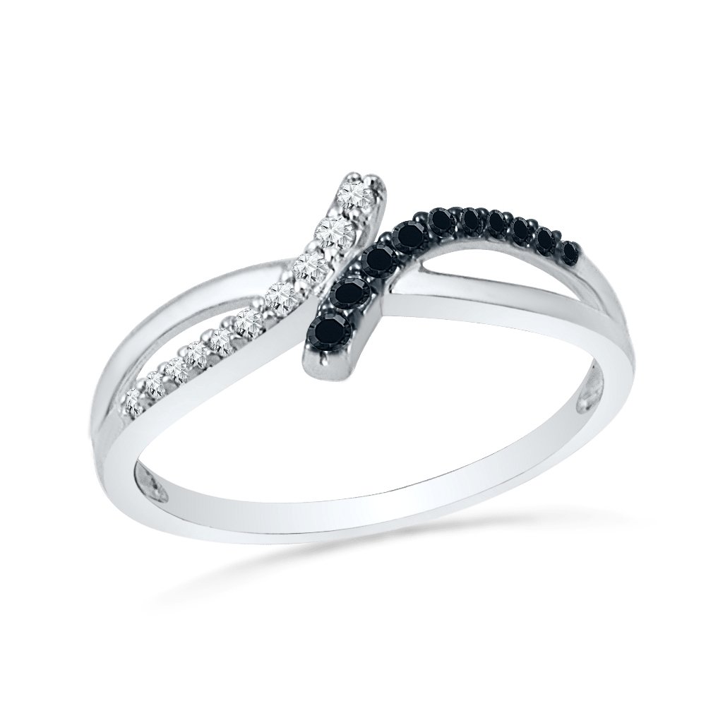 10KT White Gold Black and White Round Diamond Bypass Fashion Ring (1/6 cttw) - Elegant Jewelry for Weddings, Anniversaries & Special Occasions