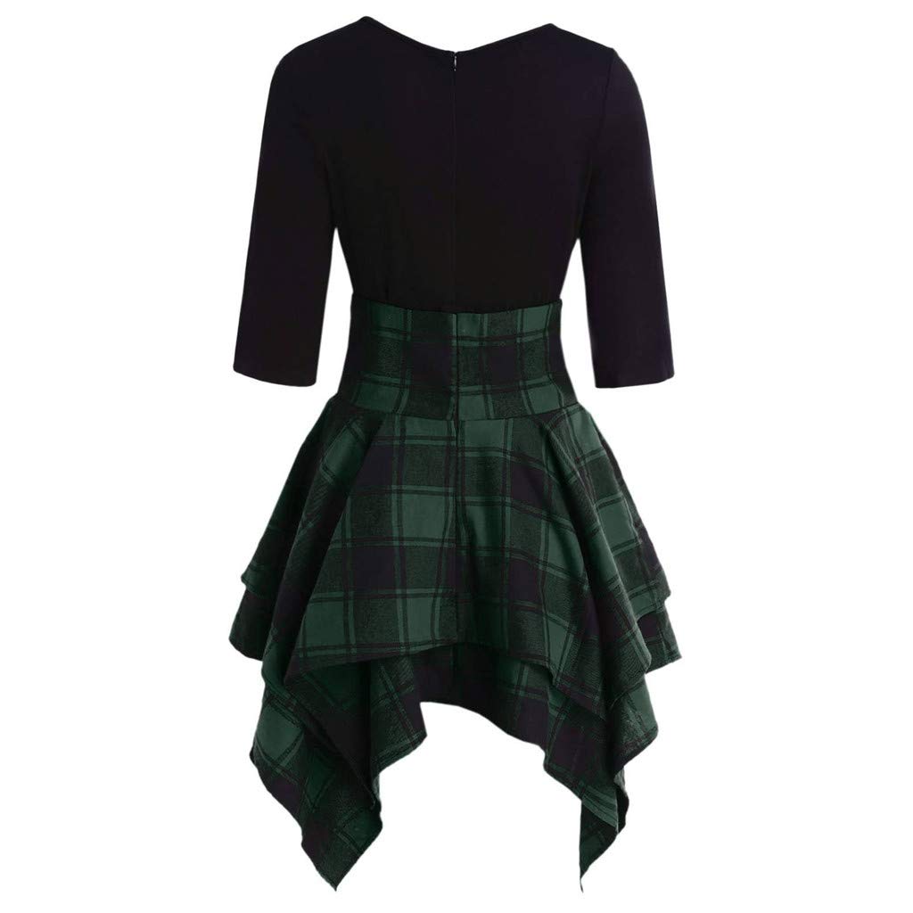Women's Black Asymmetrical Lace-Up Plaid Mini Dress - Casual Tartan Sheath Dress with O-Neck for Party, Date Night & Office Wear