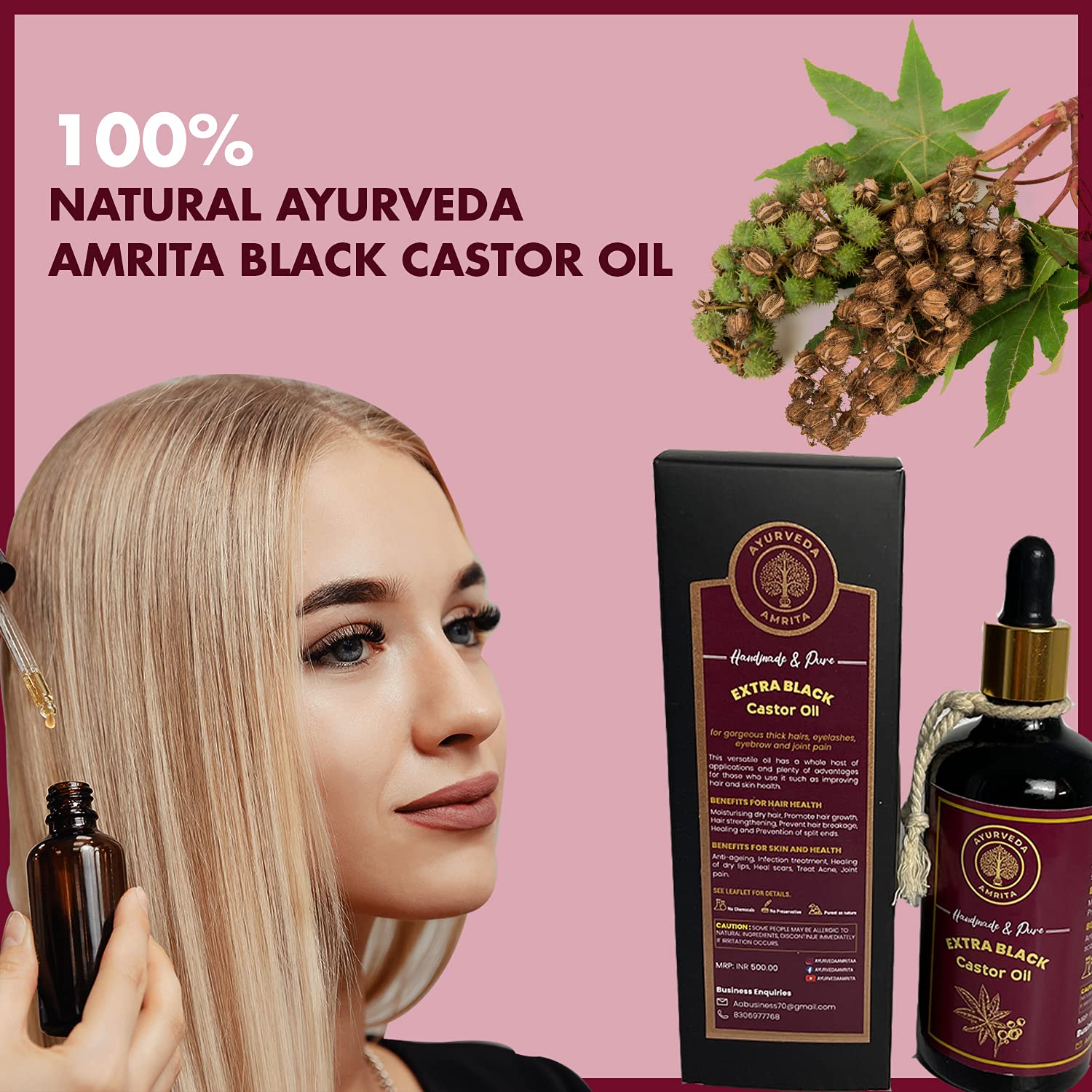 Pure Ayurvedic Amrita Black Castor Oil - 100% Natural Hair Growth Treatment for Hair, Eyebrows & Beard | Promotes Thicker, Longer & Healthier Growth | Perfect for Daily Hair Care, Styling & Grooming Routine