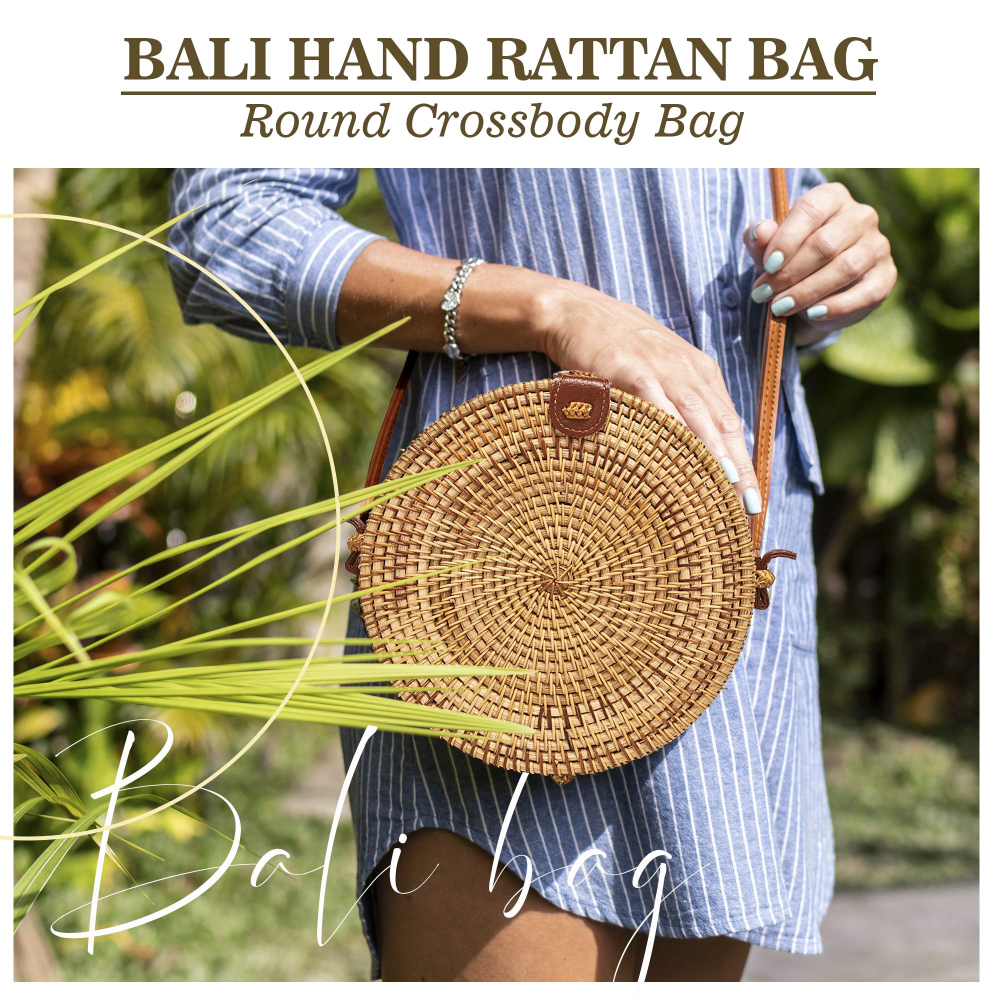 Handwoven Round Rattan Crossbody Bag for Women - Adjustable Strap Straw Handbag (Tan) | Boho Beach Tote, Summer Outing, Vacation Accessory