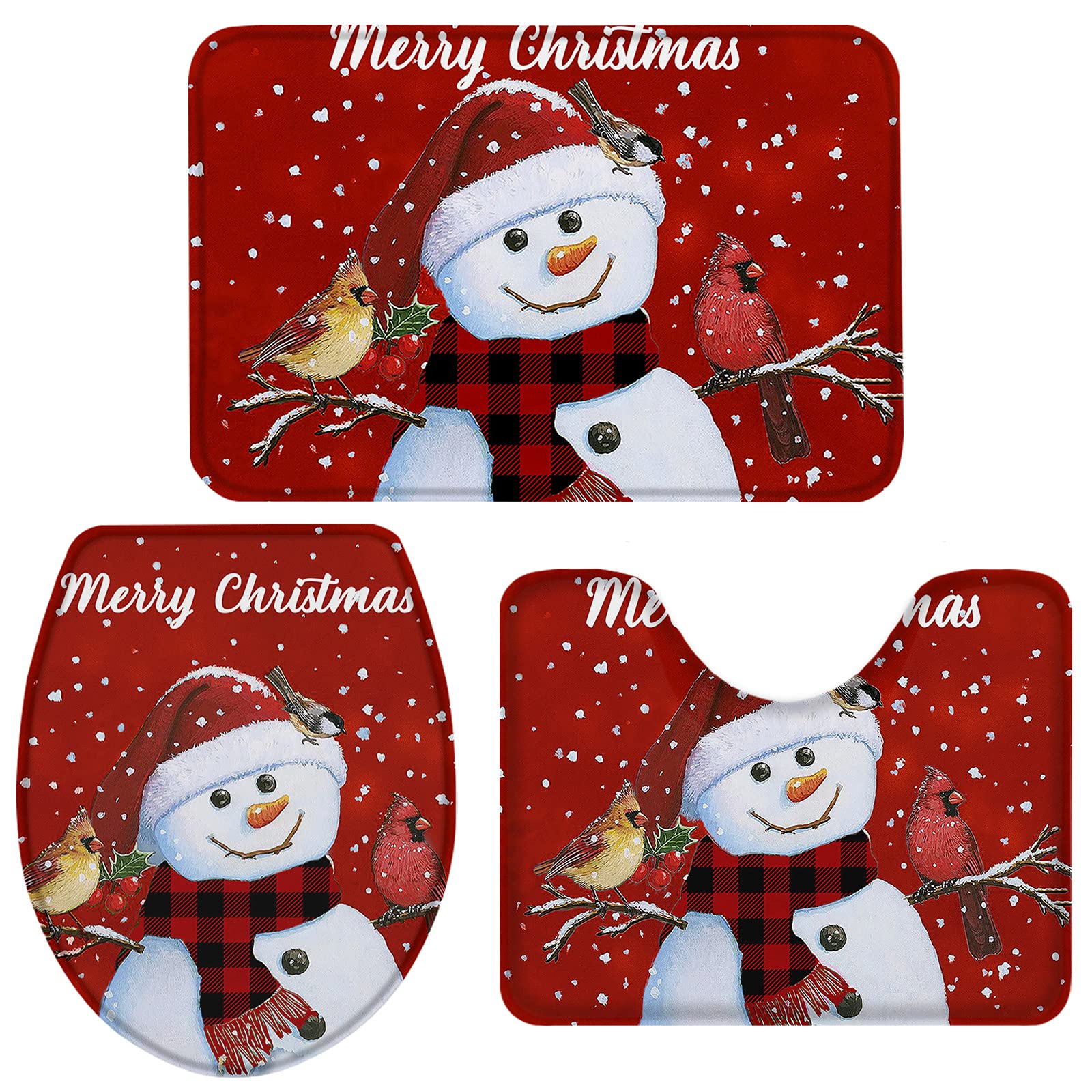 LooPoP 3-Piece Non-Slip Bathroom Rug Set with Rubber Backing - Christmas Snowman & Snowflake Design in Cardinal Red | Kids Bath Mats for Holiday Decor & Cozy Winter Bathroom