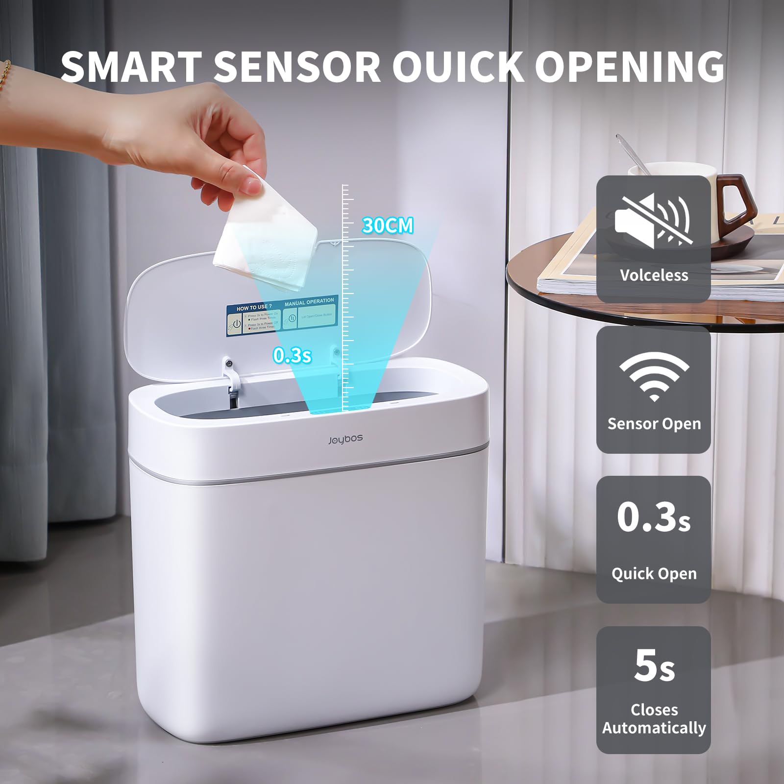 JOYBOS 3 Gallon Automatic Motion Sensor Trash Can with Lid - Waterproof Slim Plastic Garbage Bin for Bathroom, Bedroom, Kitchen, Office & RV - Perfect for Small Spaces & Hands-Free Disposal (White)