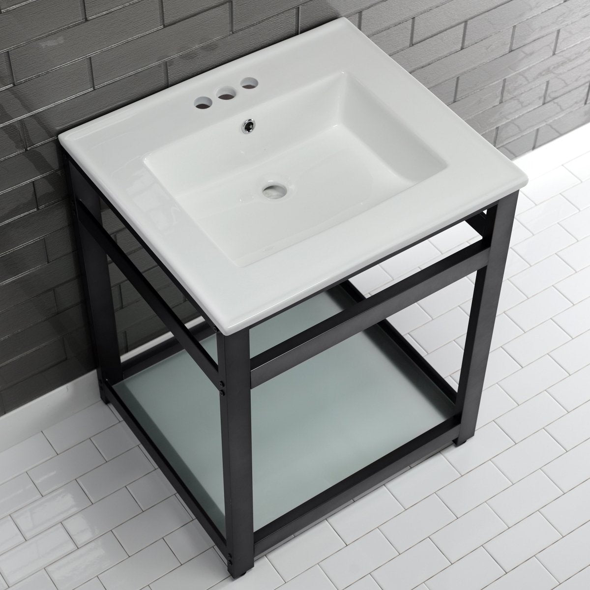 25 x 22 Inch White Ceramic Bathroom Console Sink with 4 Inch Overflow & 3 Hole Faucet - Perfect for Powder Rooms, Guest Baths & Farmhouse Style Vanities