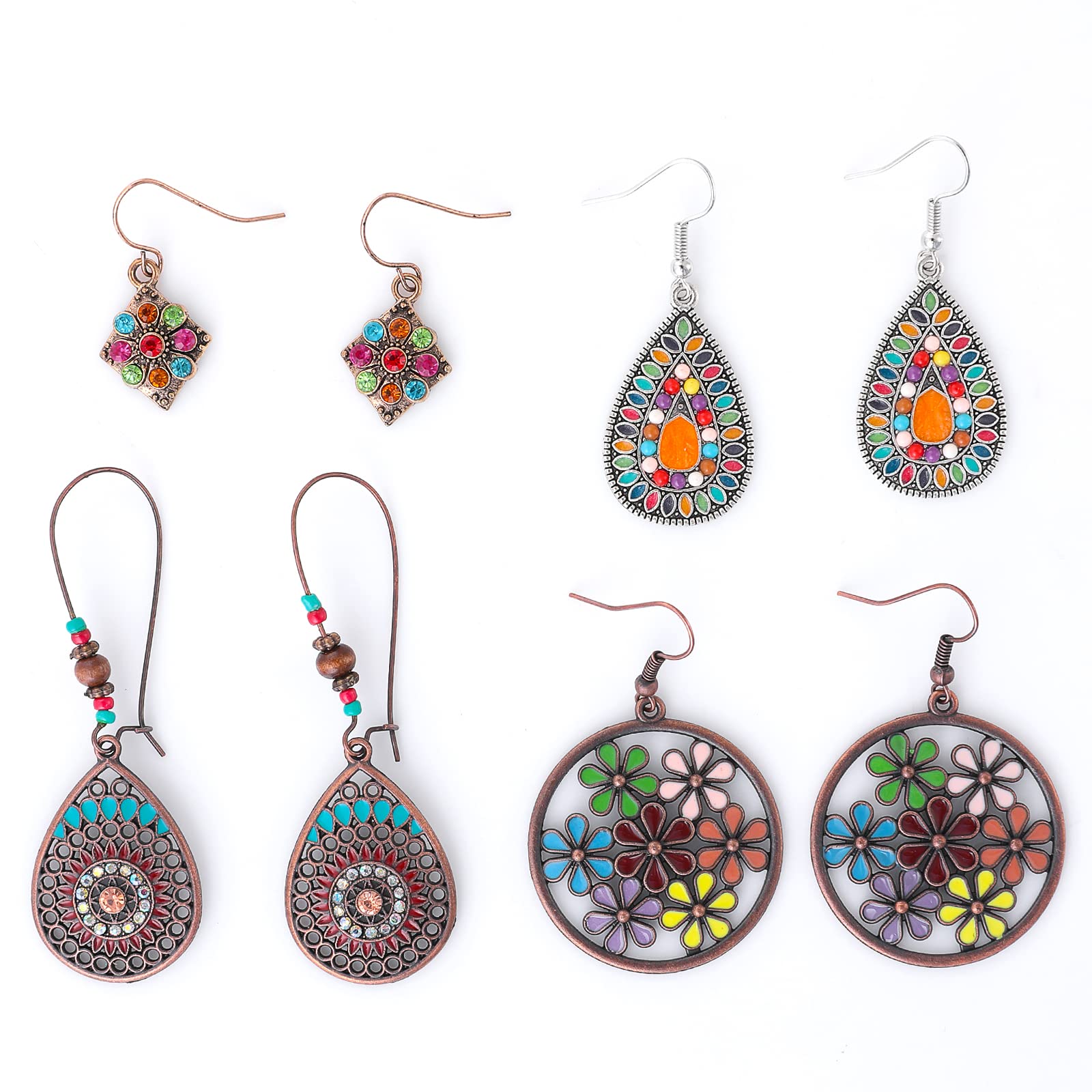 Vintage Bohemian Earrings Set - 4 Pairs Retro Rhinestone Dangle Drop Earrings for Women | Boho Chic Jewelry Accessories | Perfect for Parties, Weddings & Everyday Wear