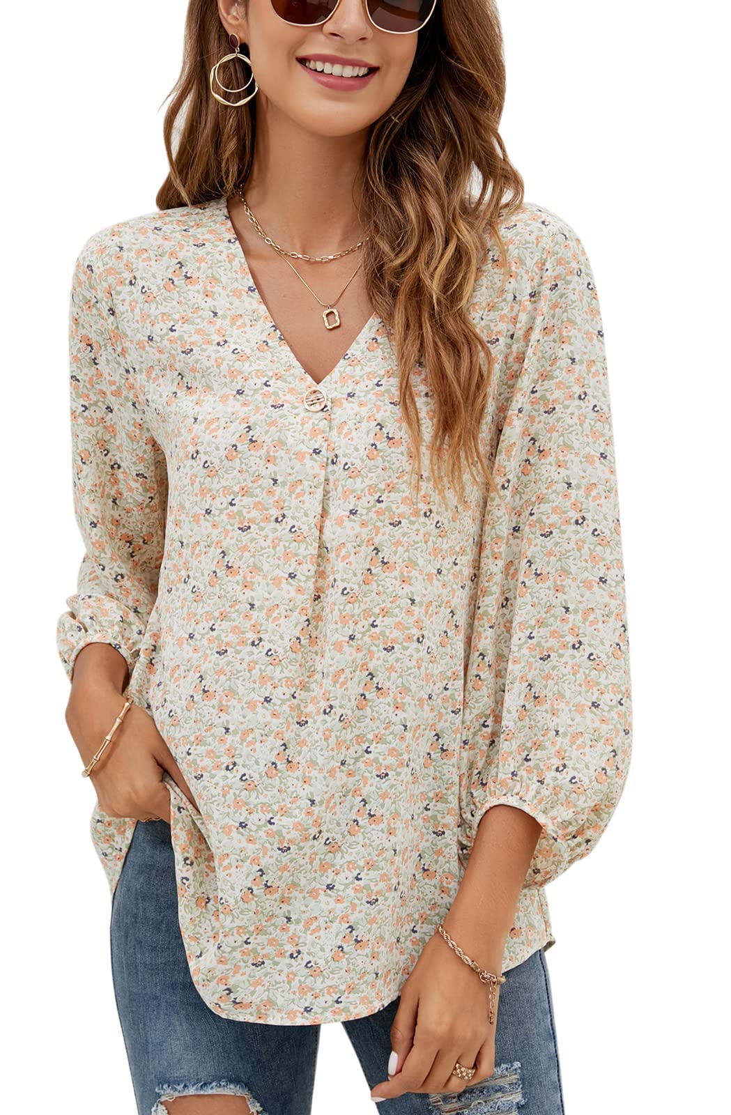 POGTMM Women's Summer Chiffon Blouse - Floral V-Neck 3/4 Sleeve Loose Tunic Top for Casual & Business Wear | Office, Party & Vacation Outfit