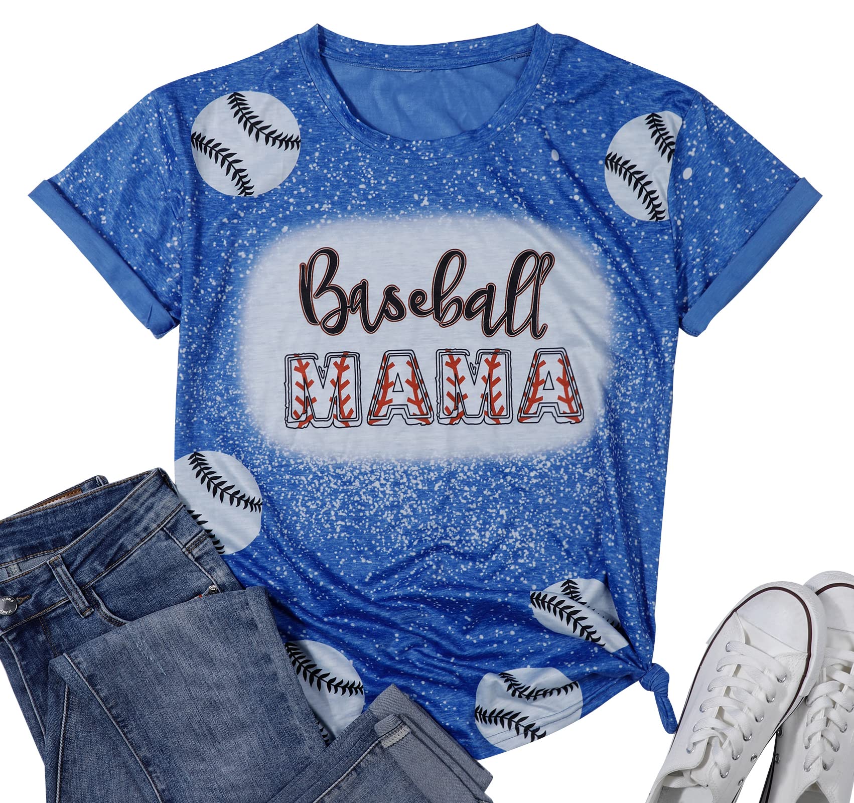 Baseball Mom T-Shirt for Women - Bleach Print Casual Softball & T-Ball Mom Top - Perfect for Games, Practice & Supporting Your Team