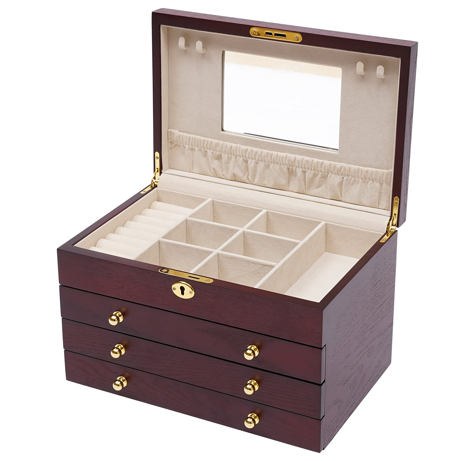 LYNICESHOP 4-Layer Large Wooden Jewelry Box with Mirror & Lock - Jewelry Storage Organizer for Watches, Earrings, Rings, Necklaces & Bracelets - Perfect for Bedroom Vanity, Travel & Gift Giving (Red)